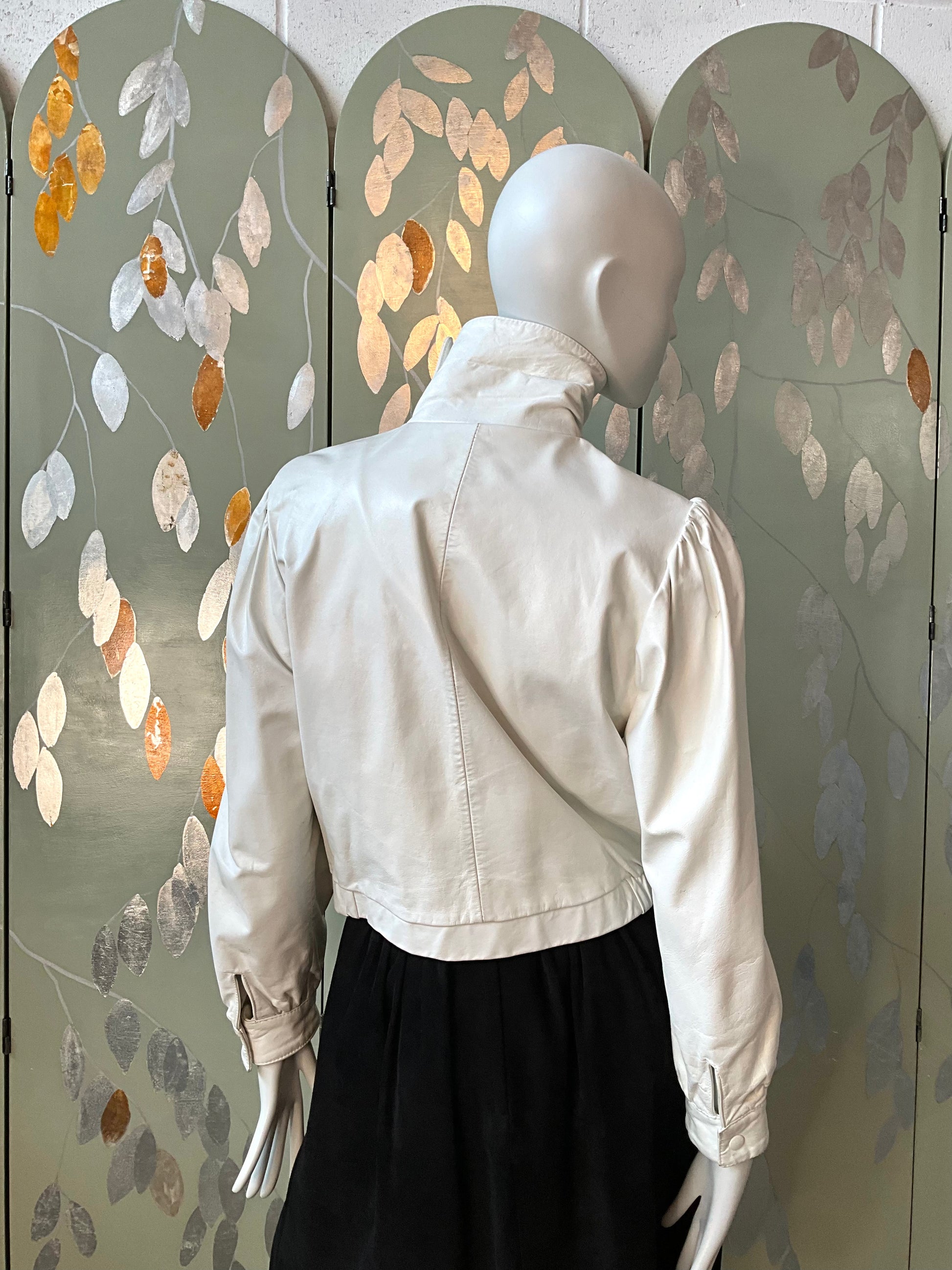 Vintage 1980s White Leather Bomber Jacket with Funnel Neck, Small 