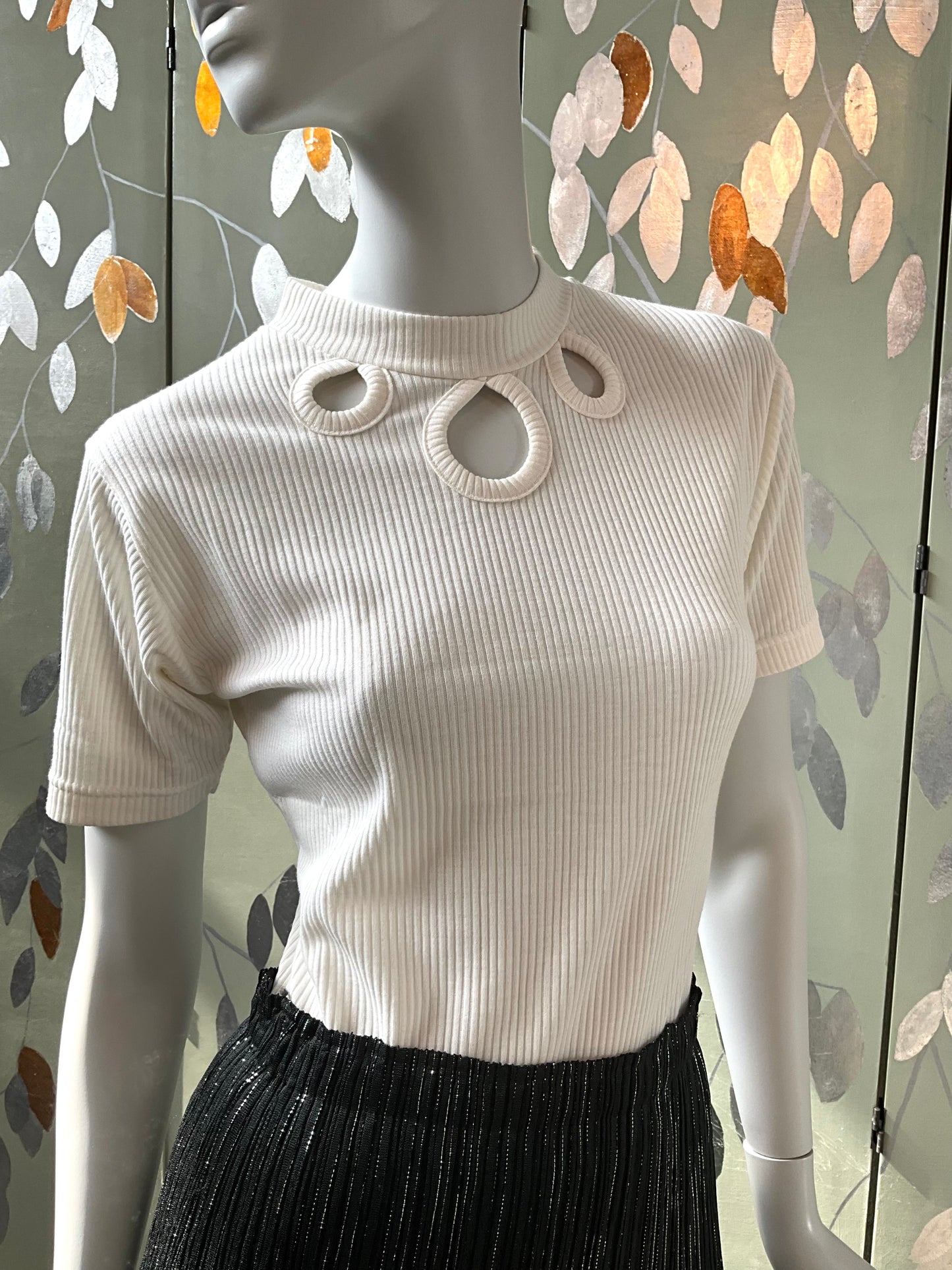 Vintage Deadstock 1990s White Rib Knit Mod Cut-Out Mock Neck T-Shirt