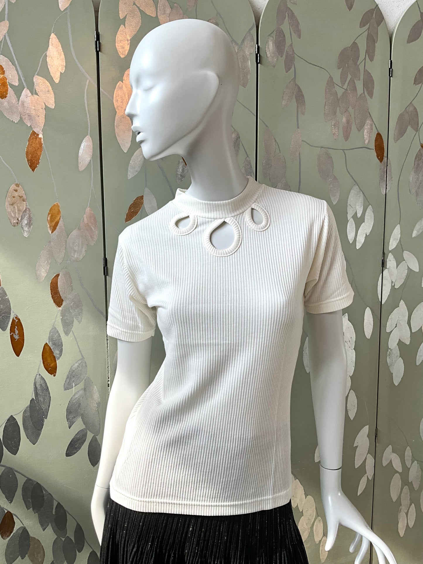 Vintage Deadstock 1990s White Rib Knit Mod Cut-Out Mock Neck T-Shirt