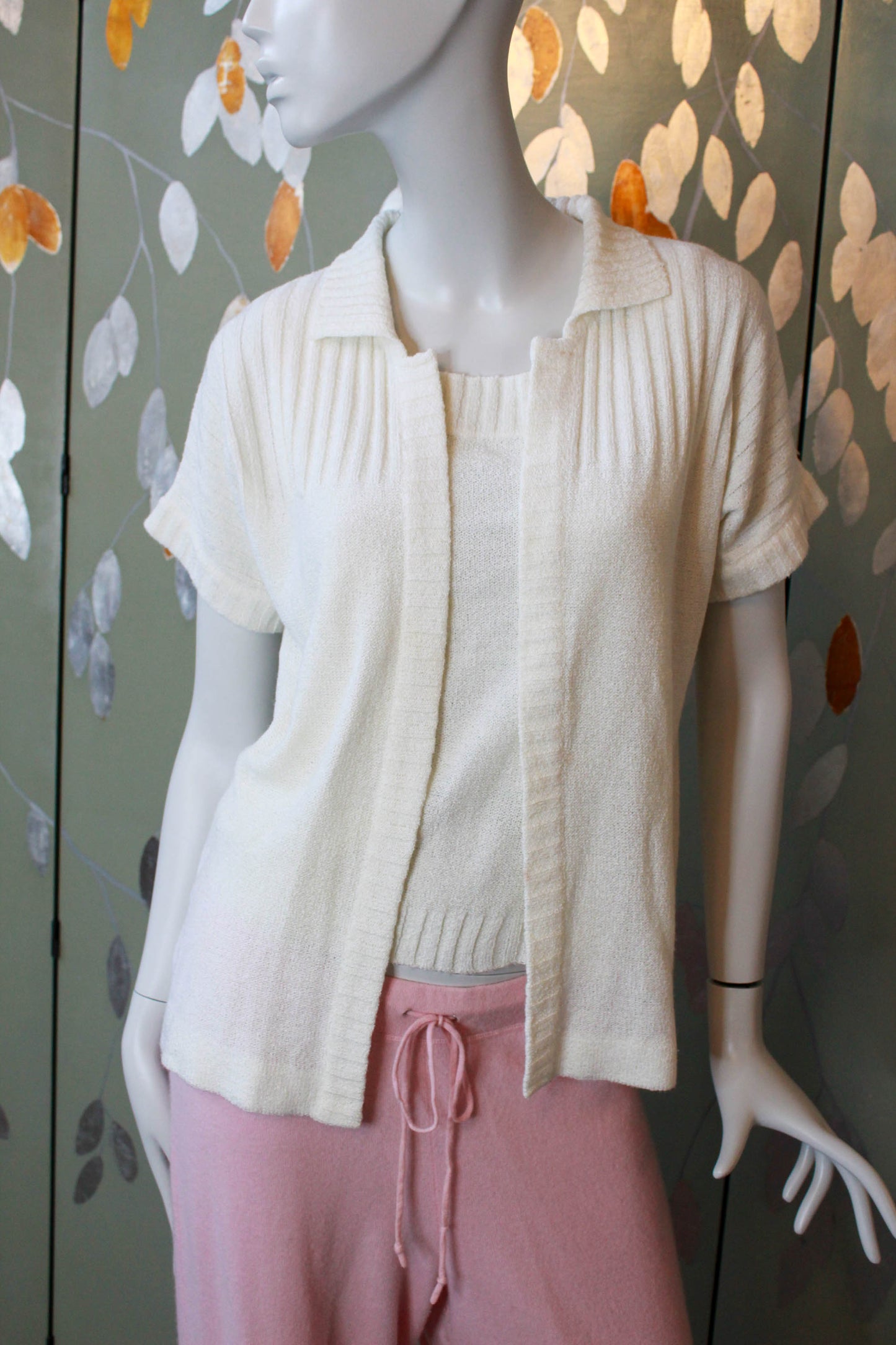 70s White Knit Camisole and Cardigan Set, Large