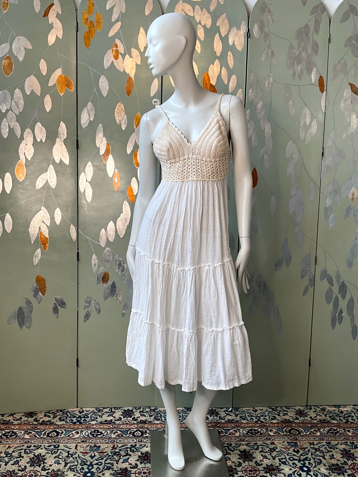 Vintage 2000s White Cotton Crochet Strappy Midi Dress, Small