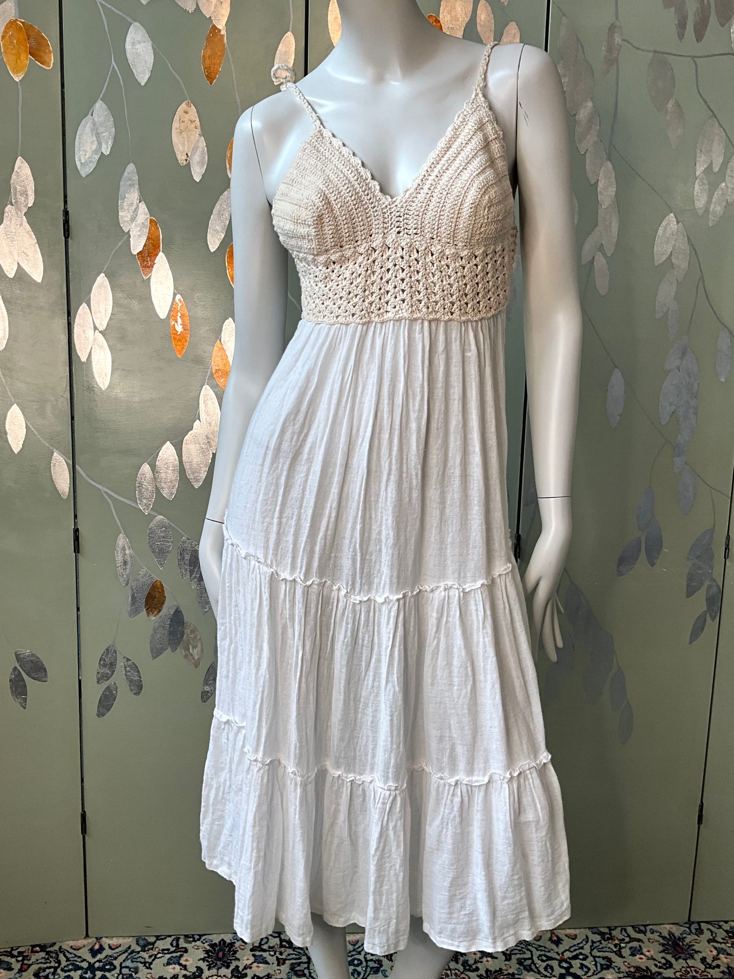 Vintage 2000s White Cotton Crochet Strappy Midi Dress, Small