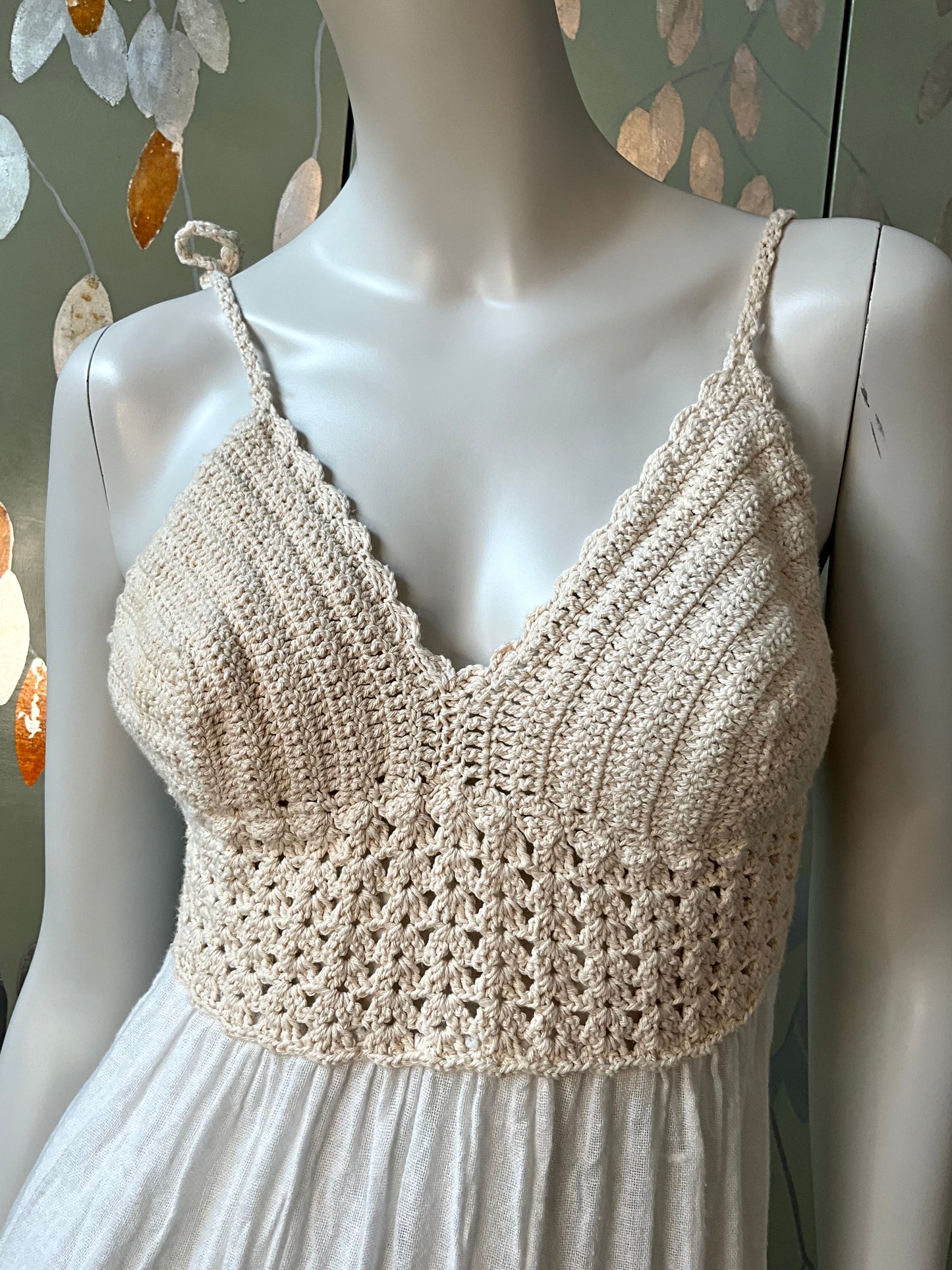 Vintage 2000s White Cotton Crochet Strappy Midi Dress, Small