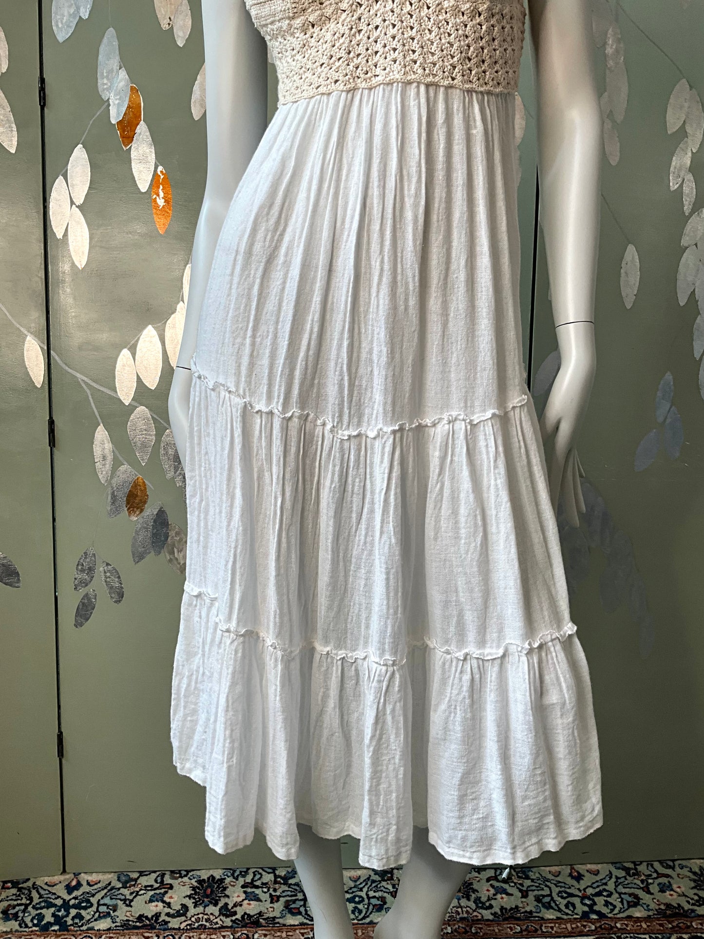 Vintage 2000s White Cotton Crochet Strappy Midi Dress, Small