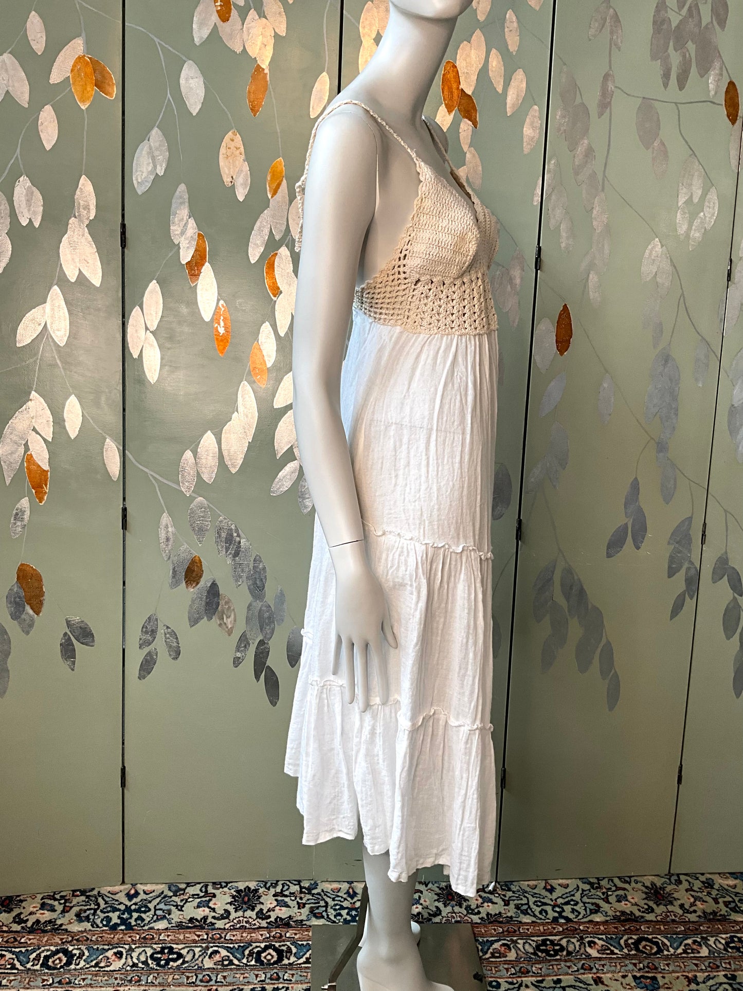 Vintage 2000s White Cotton Crochet Strappy Midi Dress, Small