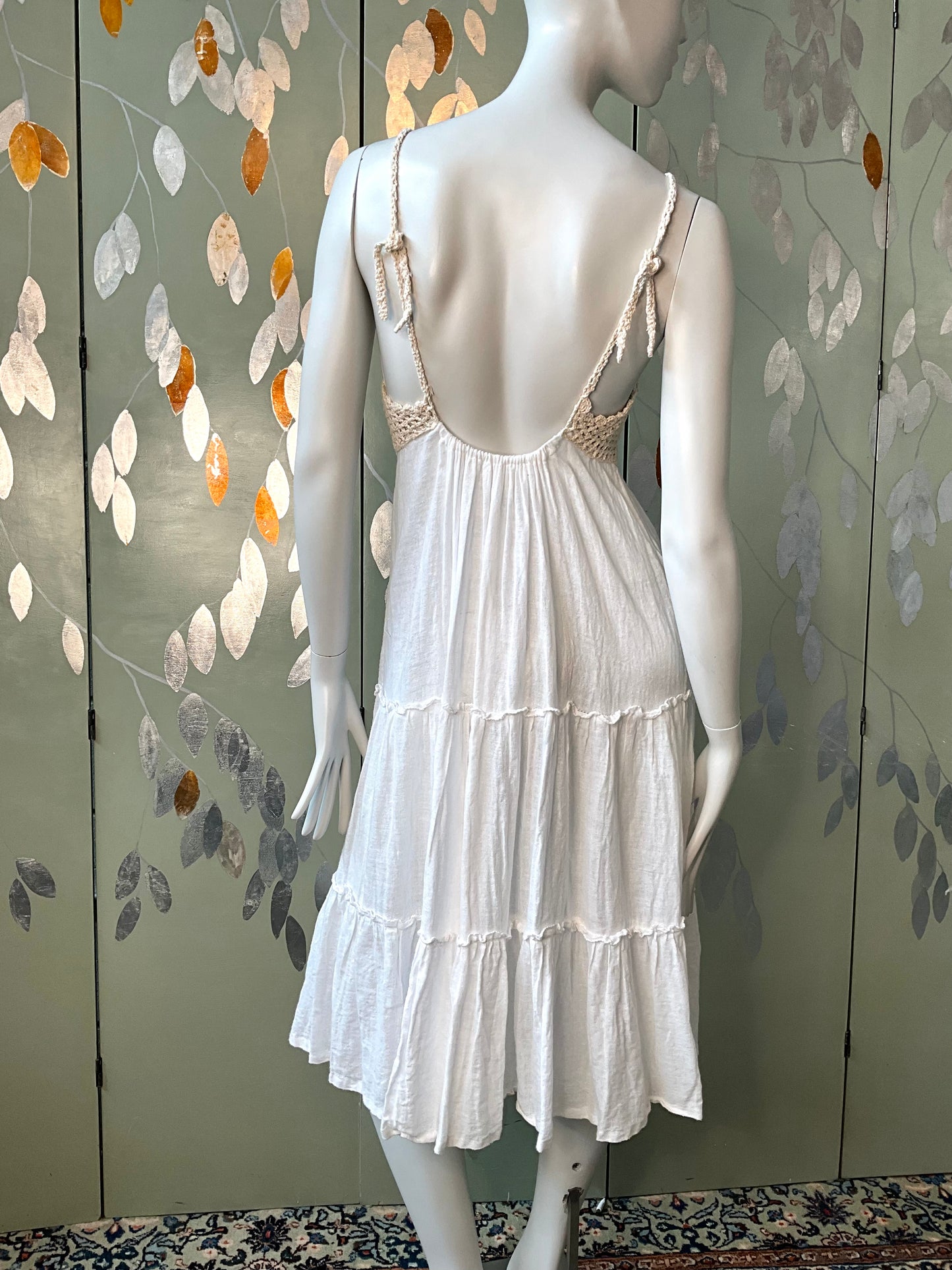 Vintage 2000s White Cotton Crochet Strappy Midi Dress, Small