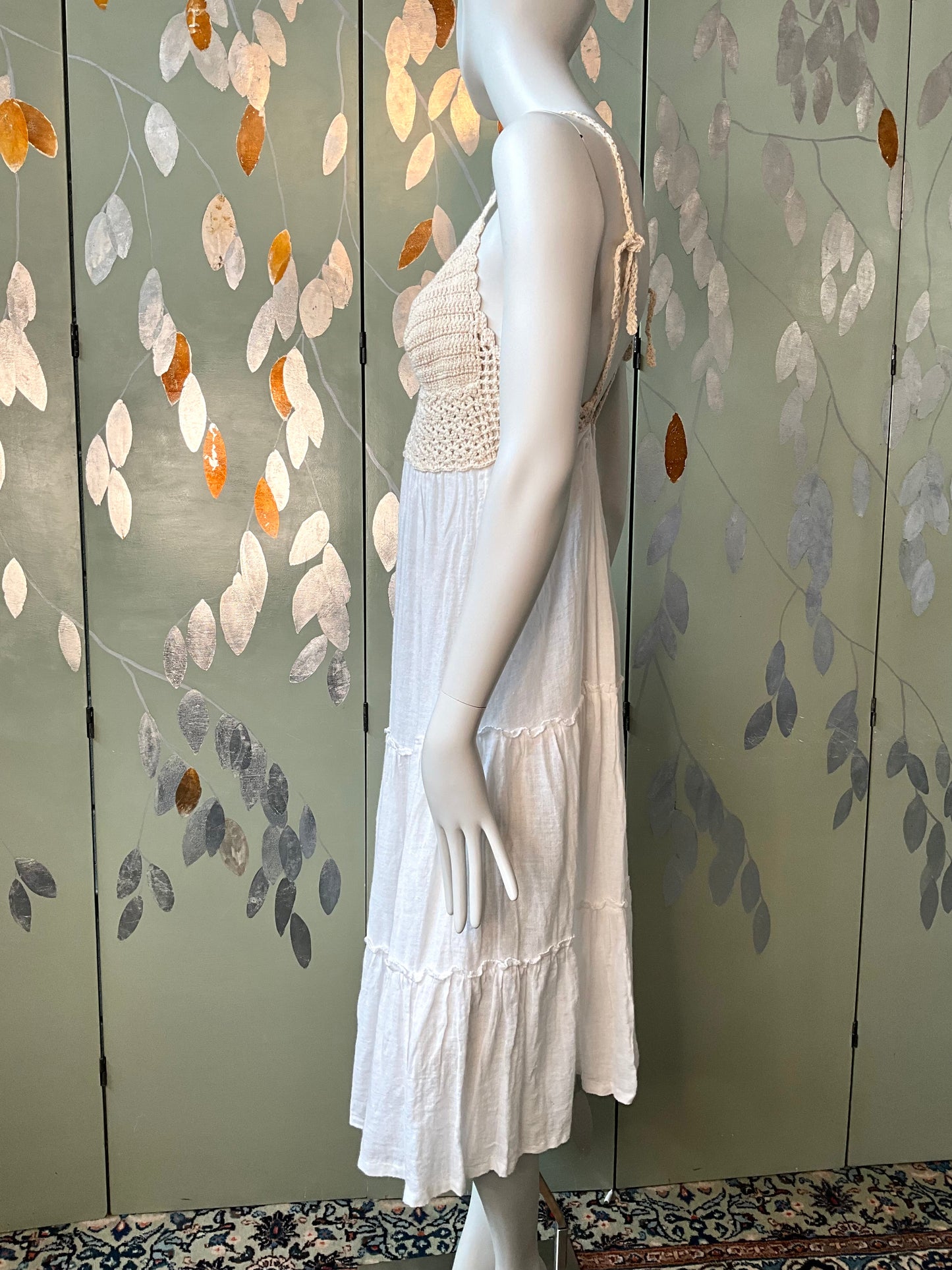 Vintage 2000s White Cotton Crochet Strappy Midi Dress, Small