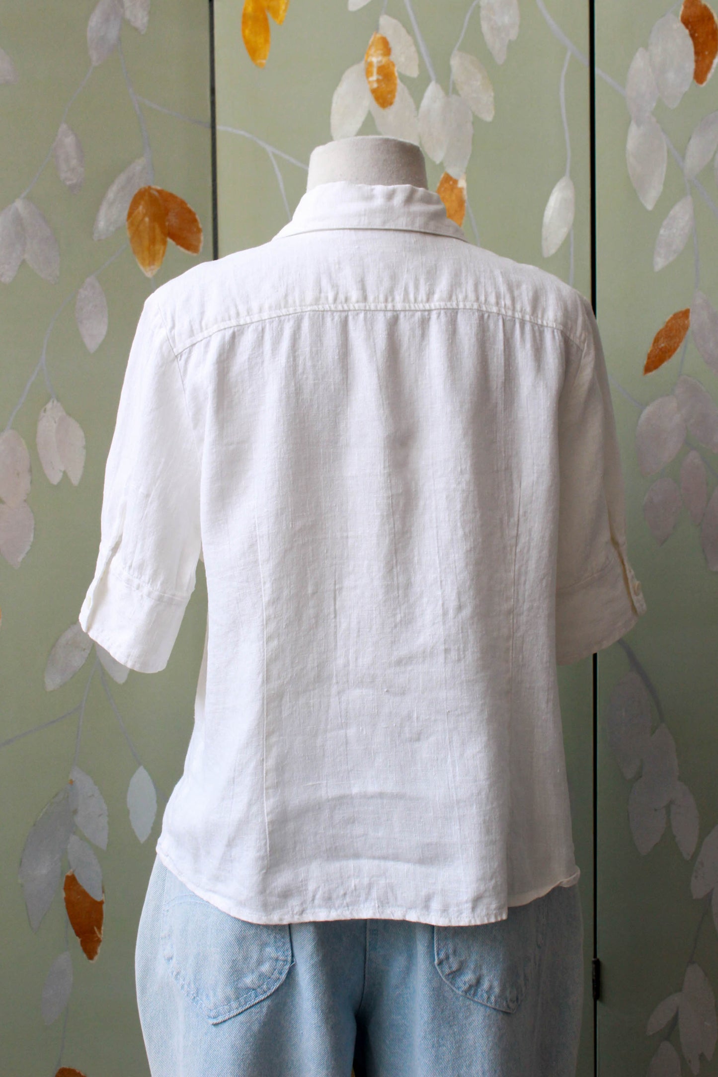 Vintage Plain White Linen Button Up Collared Blouse with Short Sleeves and buttoned cuffs by the Room