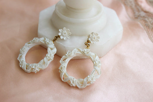 1950s White Carved Celluloid Floral Earrings
