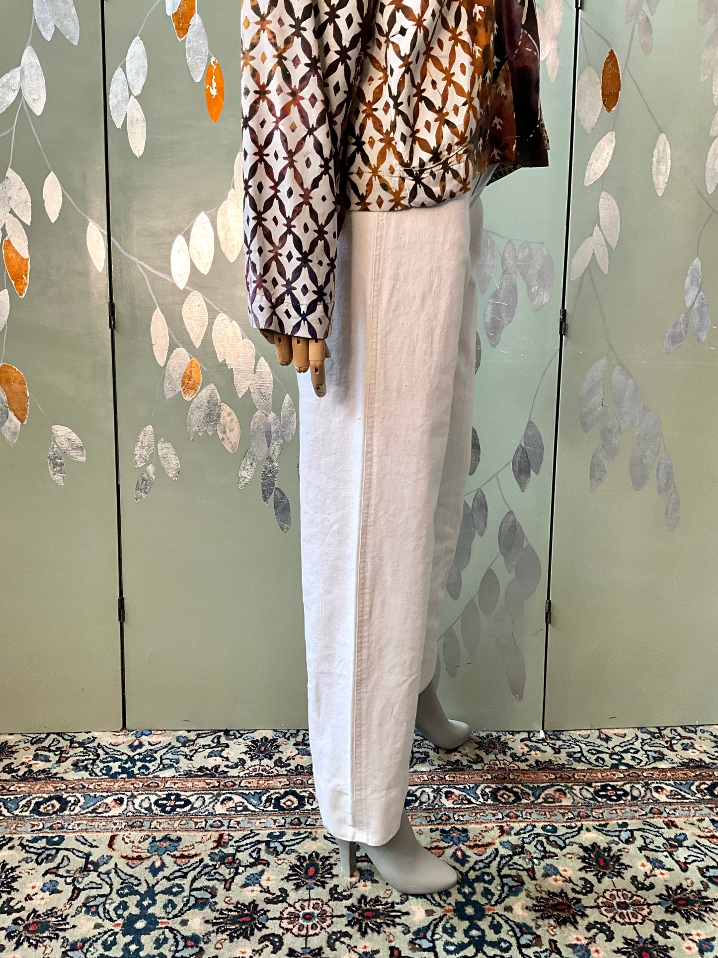 Vintage 1980s Les Copains White Cotton Straight Leg Embroidered Pants, W29