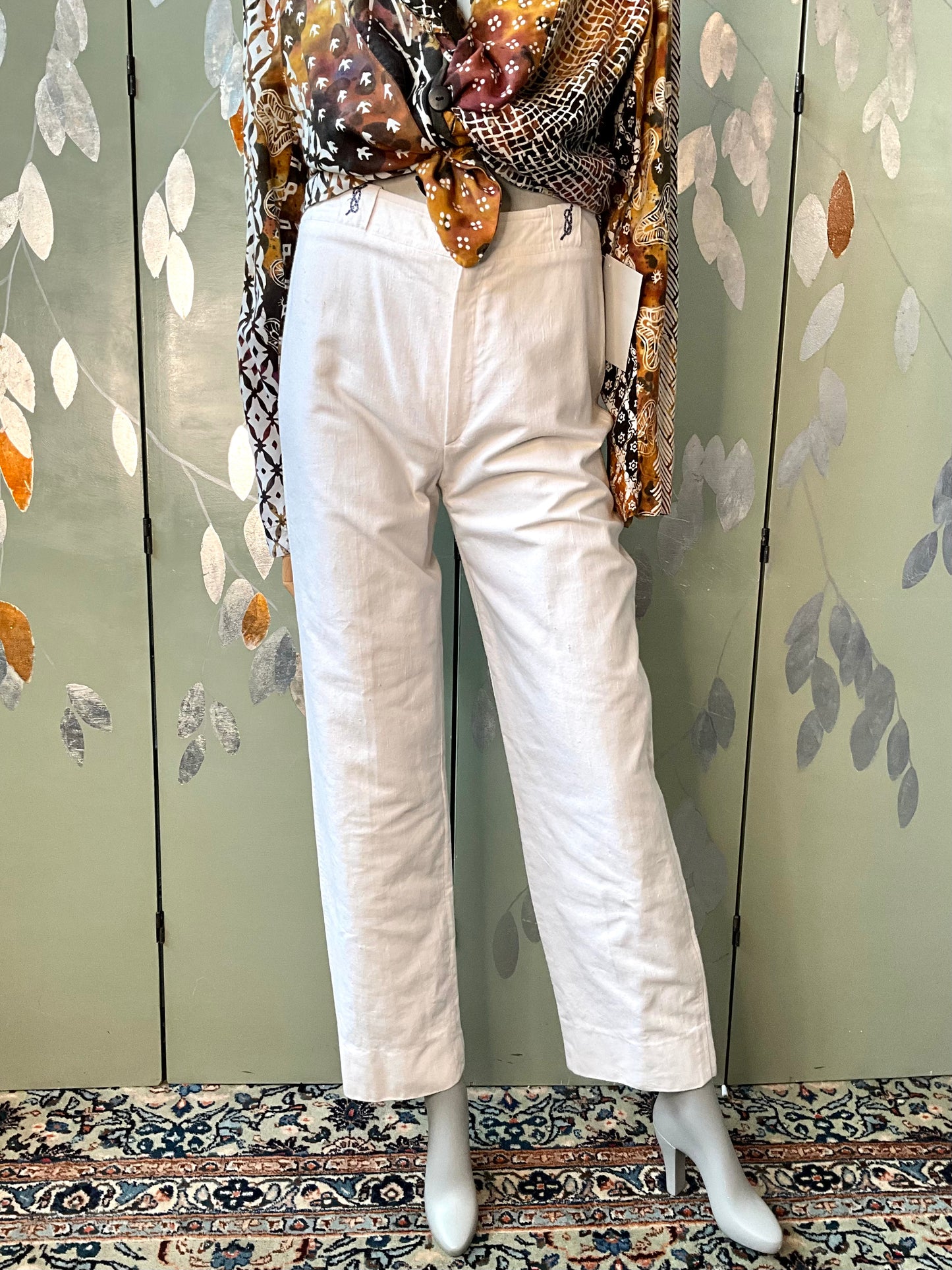 Vintage 1980s Les Copains White Cotton Straight Leg Embroidered Pants, W29