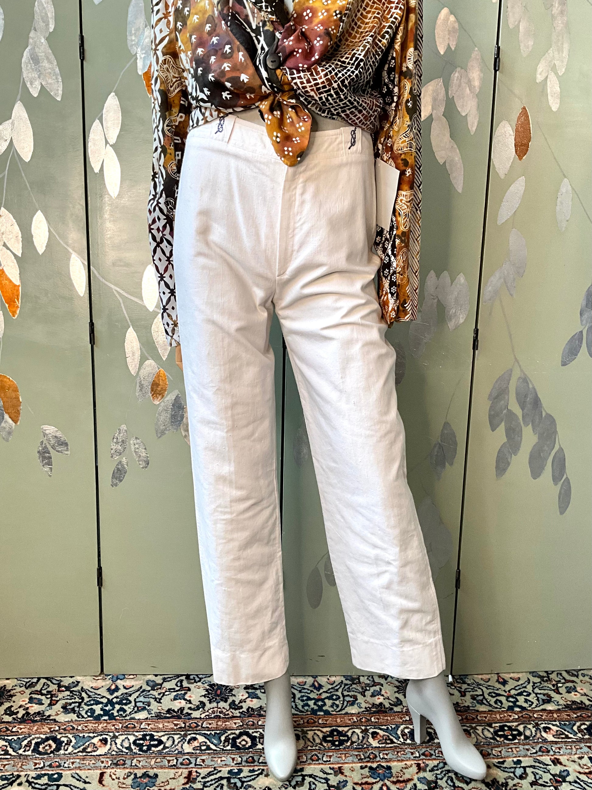 Vintage 1980s Les Copains White Cotton Straight Leg Embroidered Pants, W29