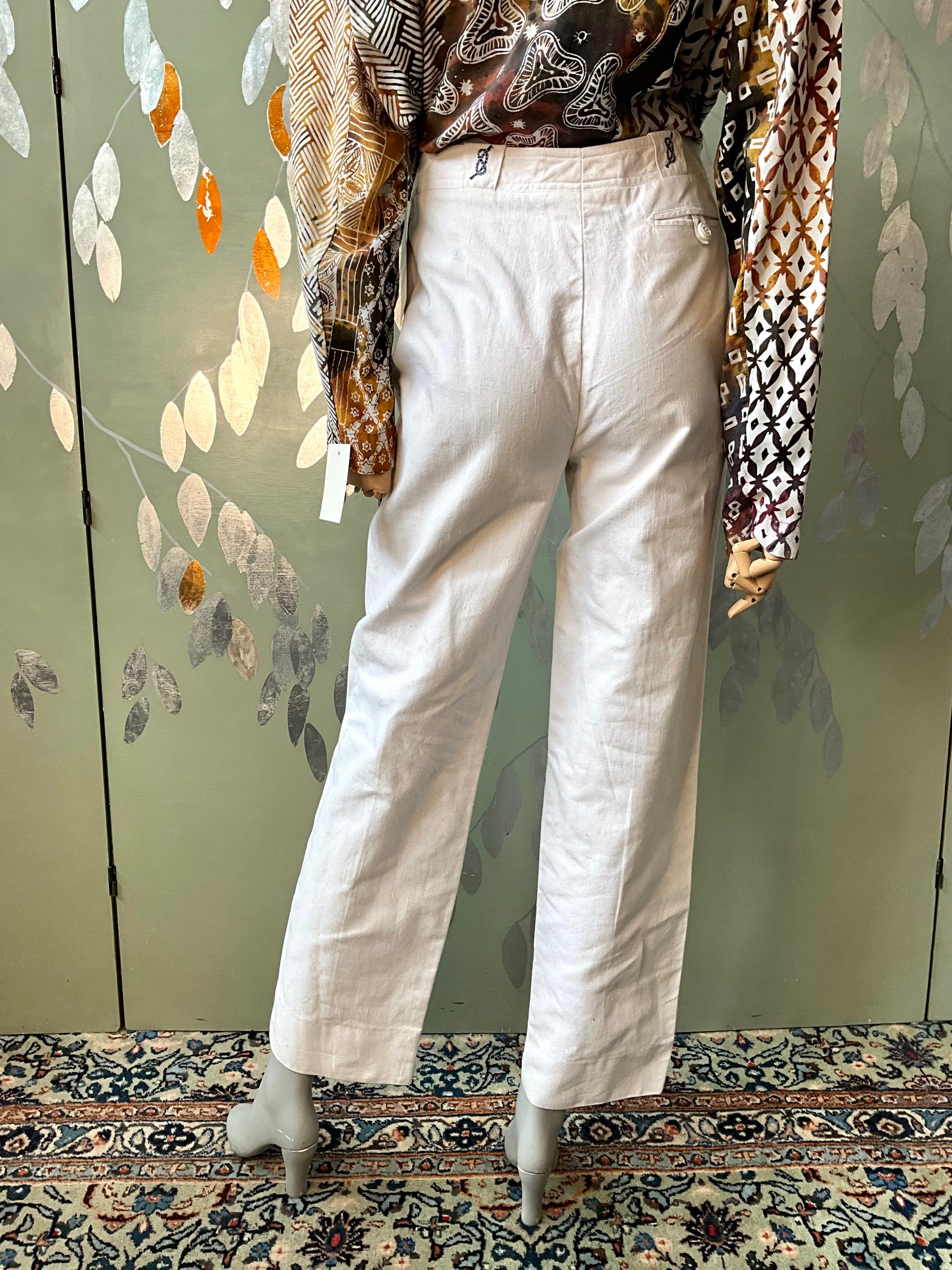 Vintage 1980s Les Copains White Cotton Straight Leg Embroidered Pants, W29