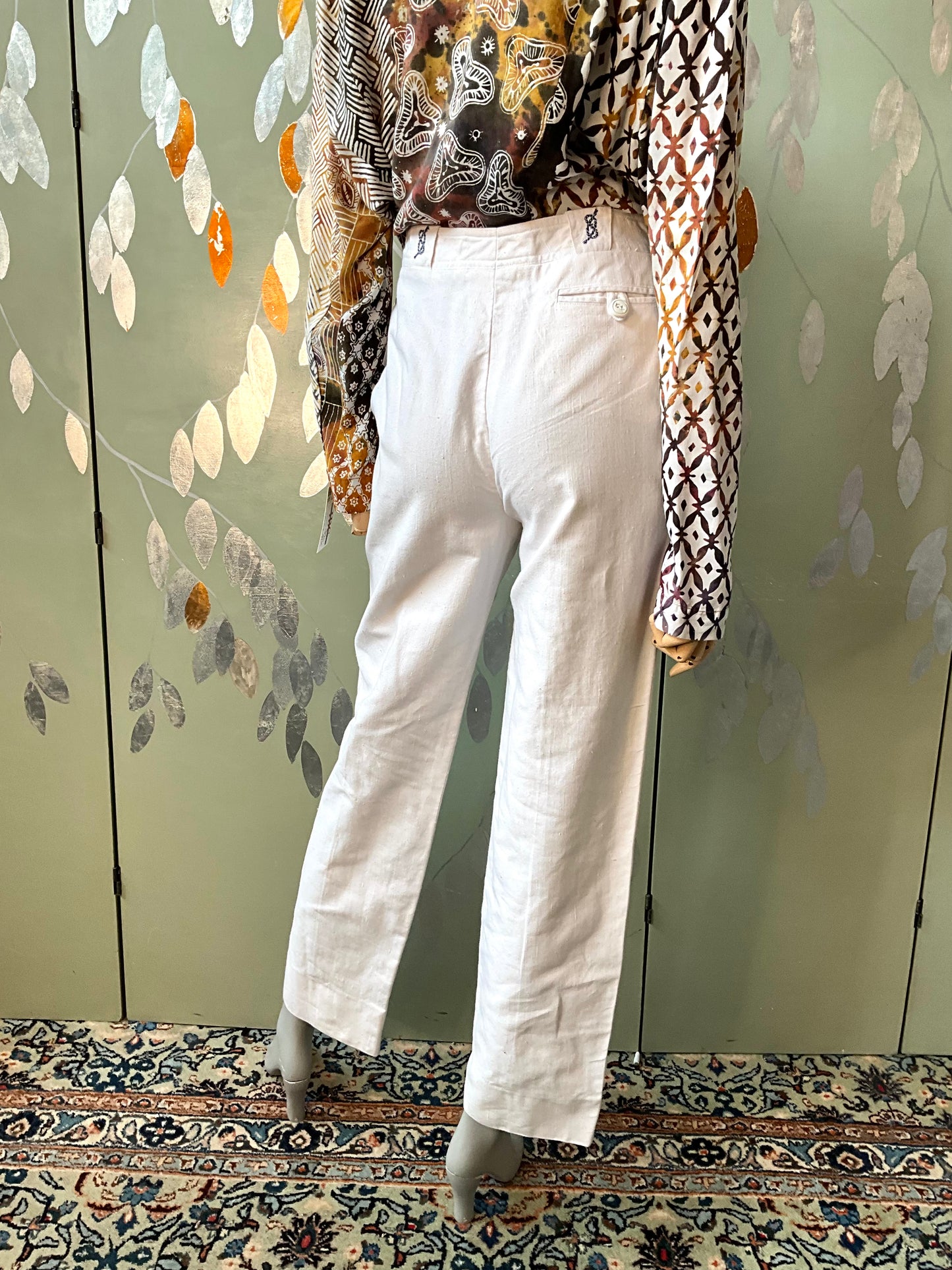 Vintage 1980s Les Copains White Cotton Straight Leg Embroidered Pants, W29