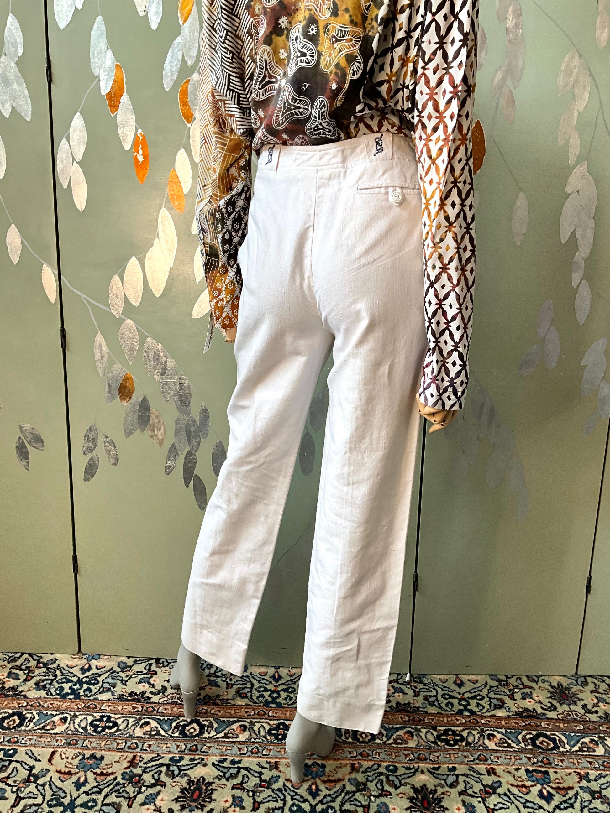 Vintage 1980s Les Copains White Cotton Straight Leg Embroidered Pants, W29