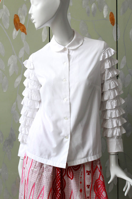 80s ruffle sleeve button up shirt with curved peter pan collar 