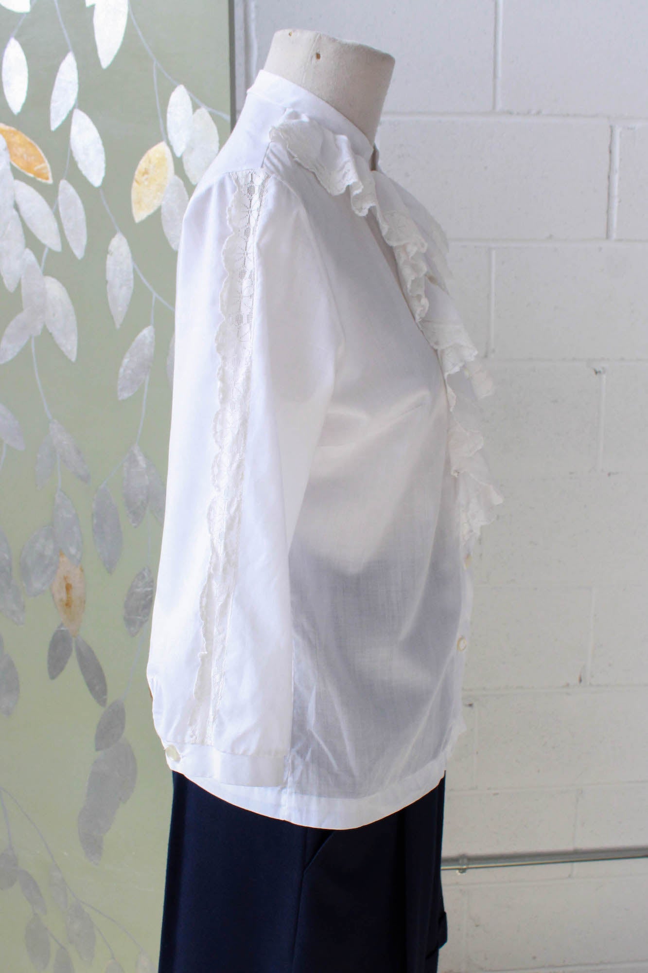 60s/70s White Ruffle Jabot Collar Blouse, Small Ian Drummond Vintage