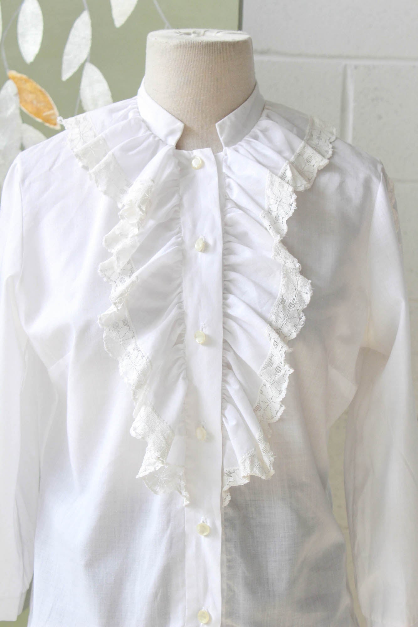 60s/70s White Ruffle Jabot Collar Blouse, Small Ian Drummond Vintage