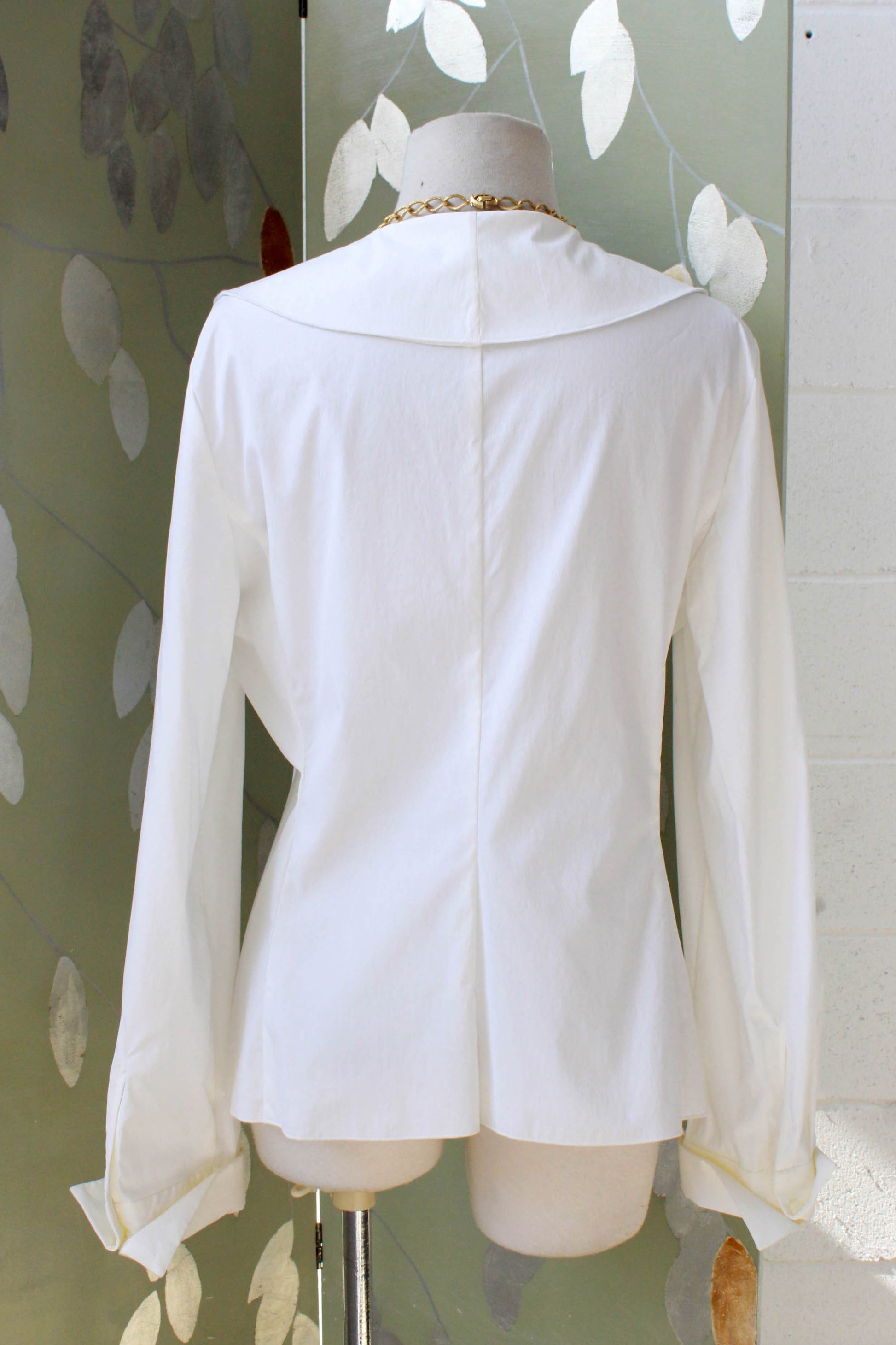 Vintage Armani shawl collar ruffled front white cotton blouse with deep neckline, long sleeves