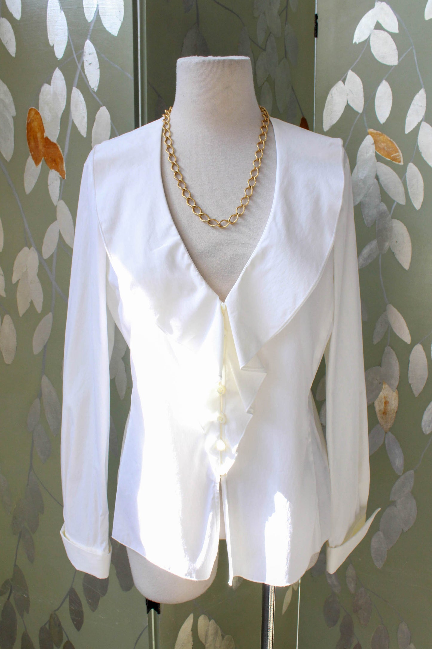 Designer Shawl Collar White Cotton Blouse, Small – Ian Drummond Vintage
