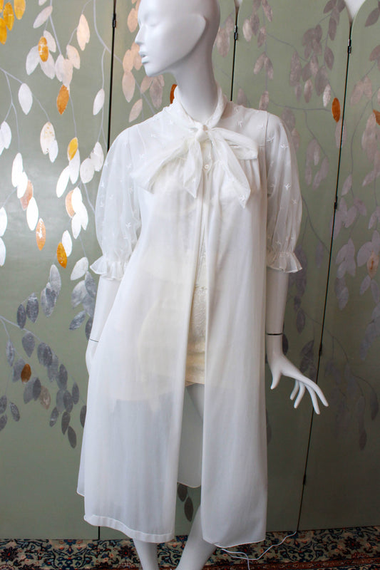 Vintage White Embroidered Sheer Puff Sleeve Peignoir, Medium