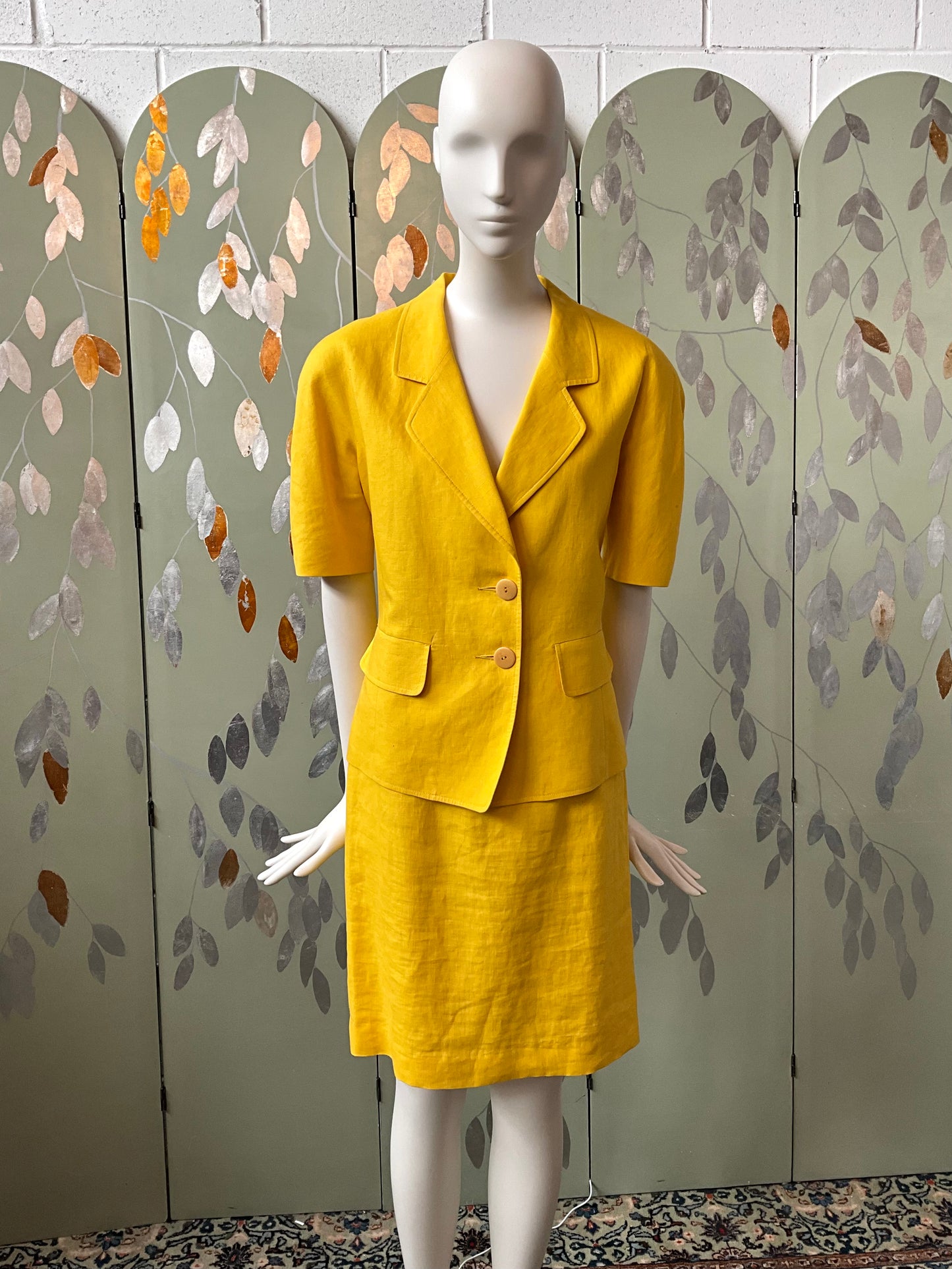 Vintage 1980s Canary Yellow Short Sleeve Linen Skirt Suit, Medium