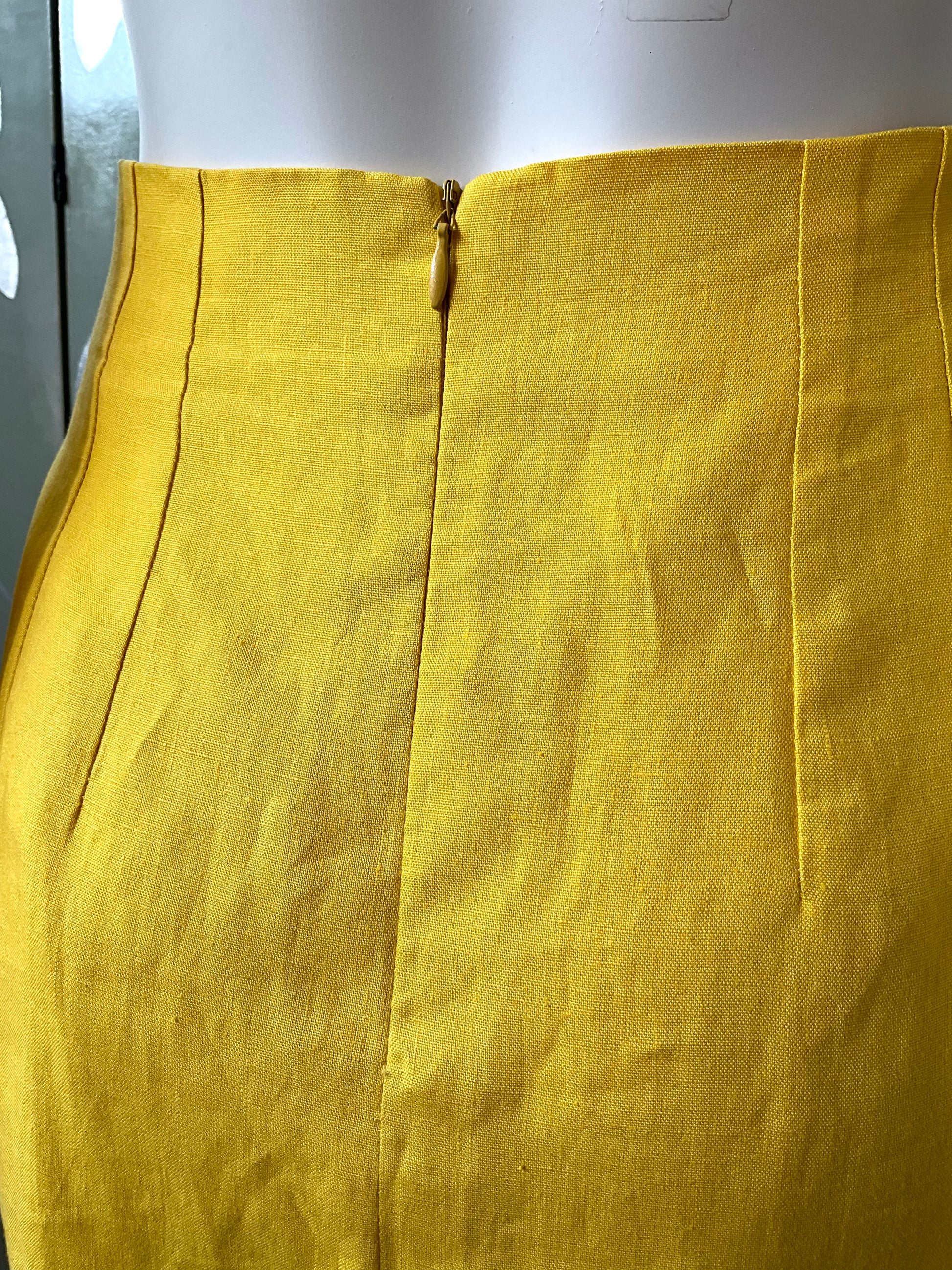 Vintage 1980s Canary Yellow Short Sleeve Linen Skirt Suit, Medium