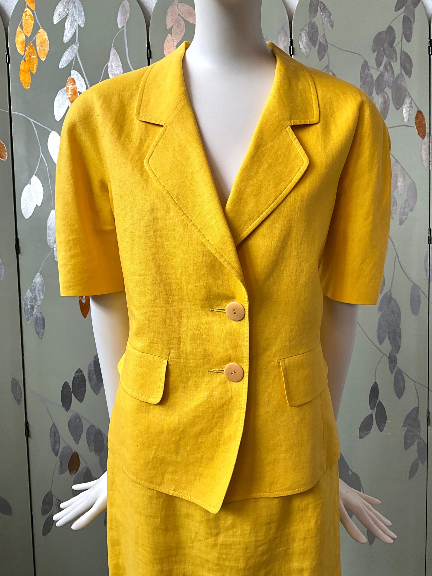 Vintage 1980s Canary Yellow Short Sleeve Linen Skirt Suit, Medium