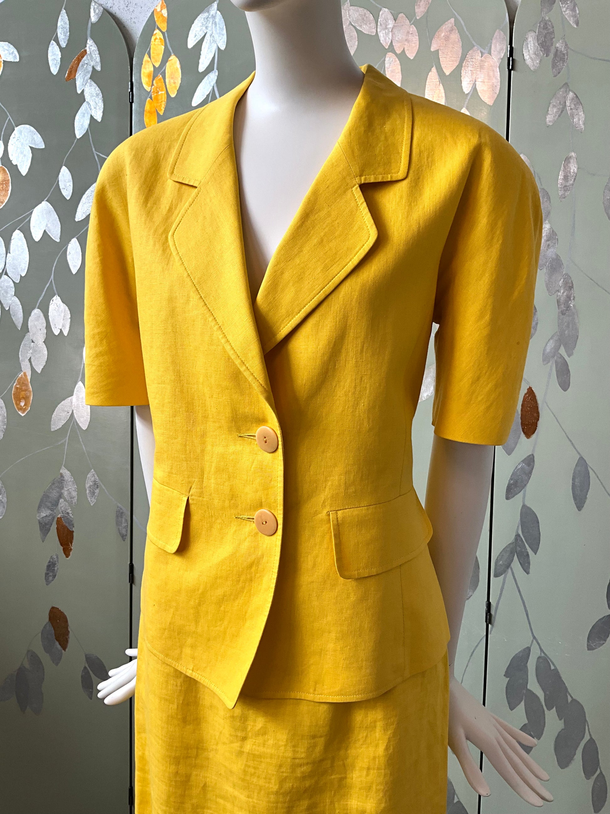 Vintage 1980s Canary Yellow Short Sleeve Linen Skirt Suit, Medium