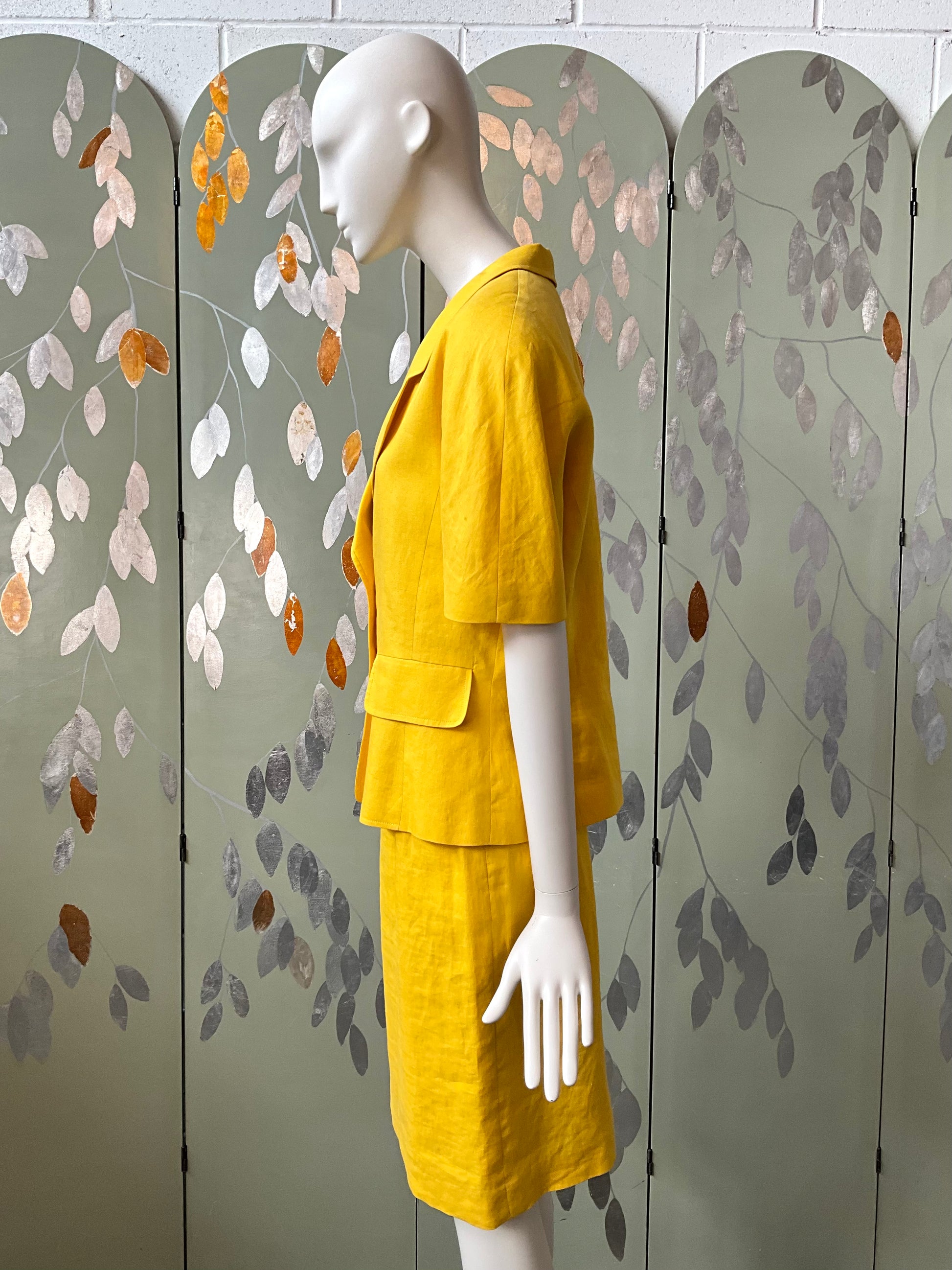 Vintage 1980s Canary Yellow Short Sleeve Linen Skirt Suit, Medium