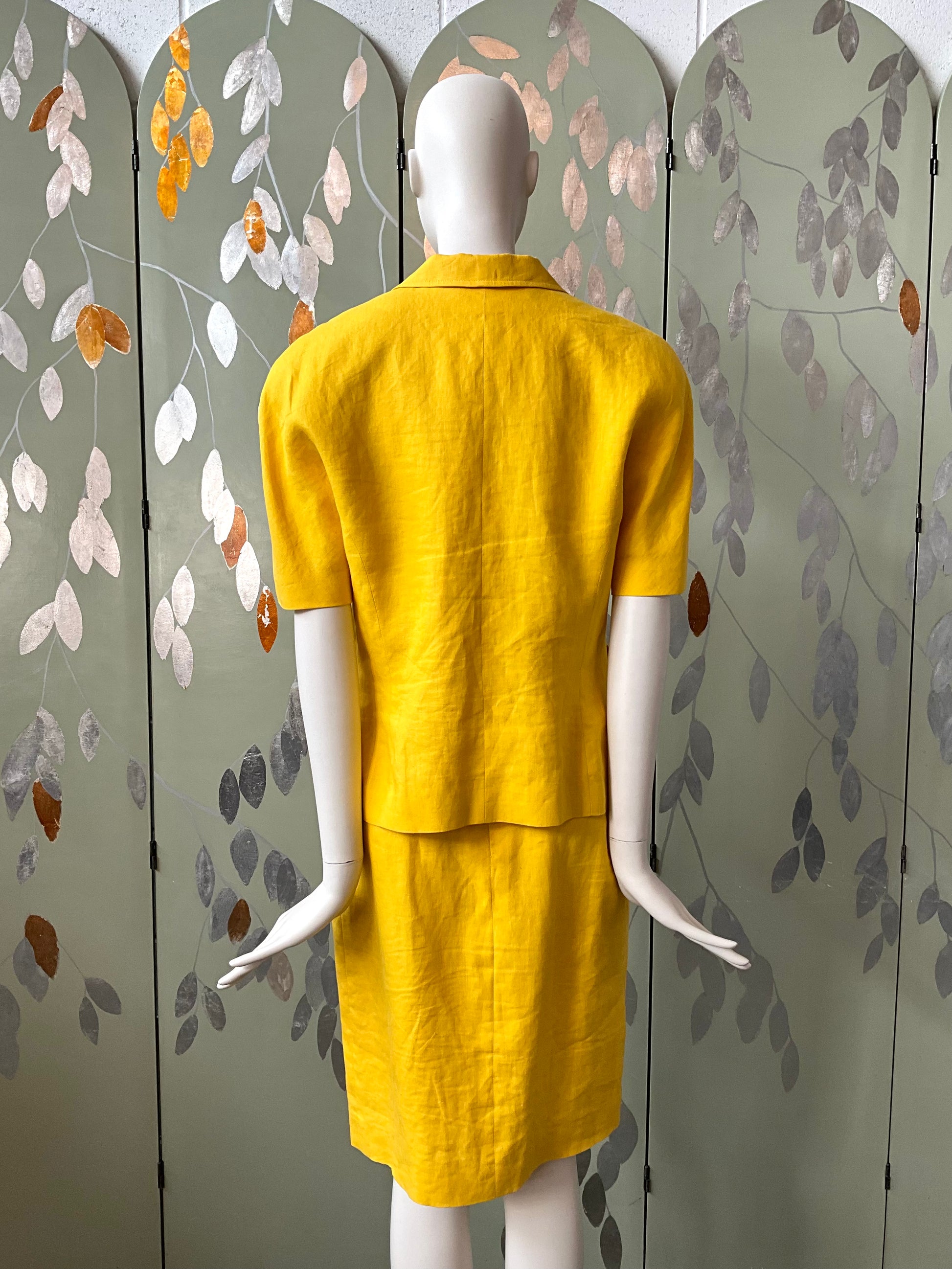 Vintage 1980s Canary Yellow Short Sleeve Linen Skirt Suit, Medium