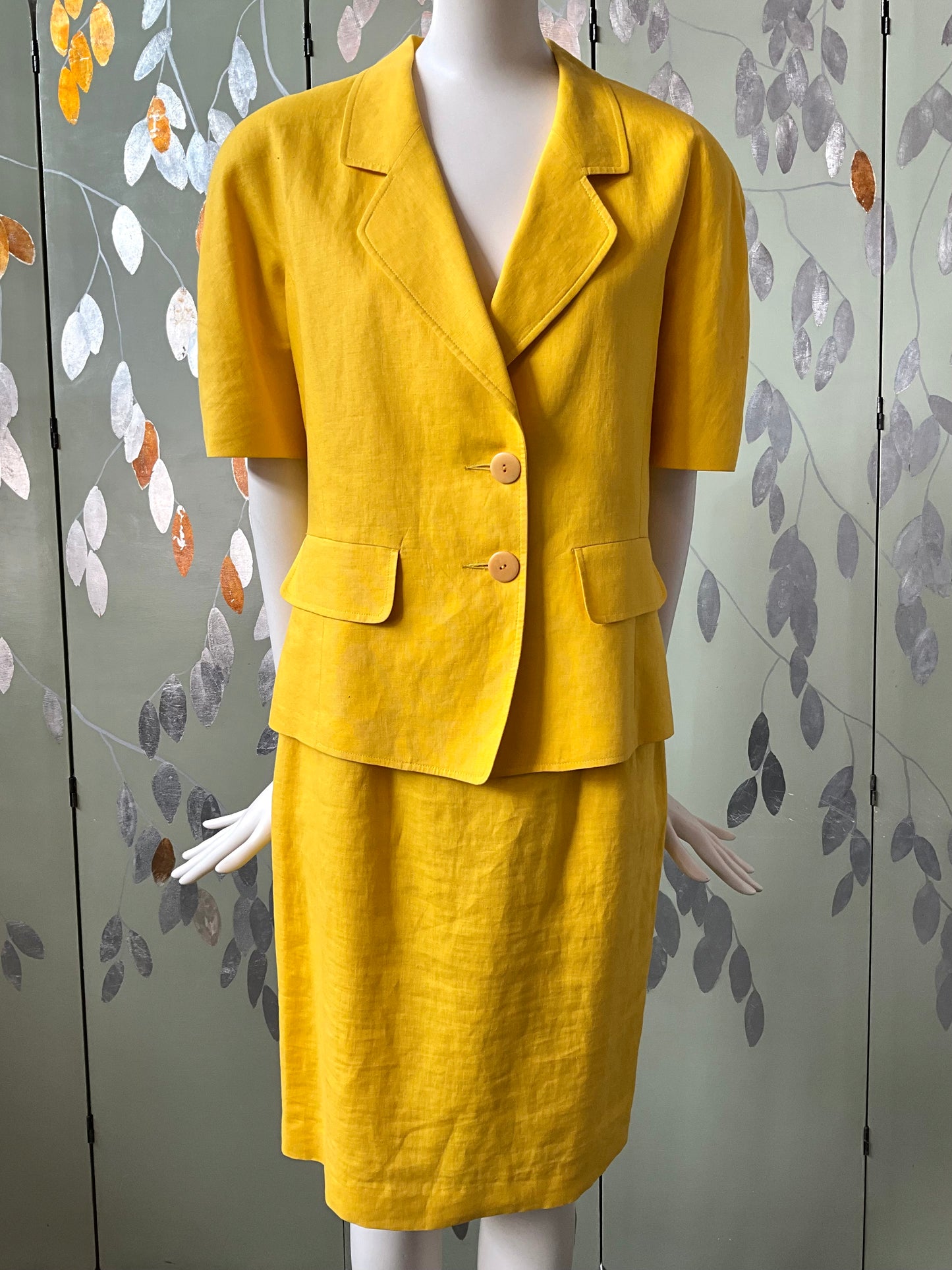 Vintage 1980s Canary Yellow Short Sleeve Linen Skirt Suit, Medium