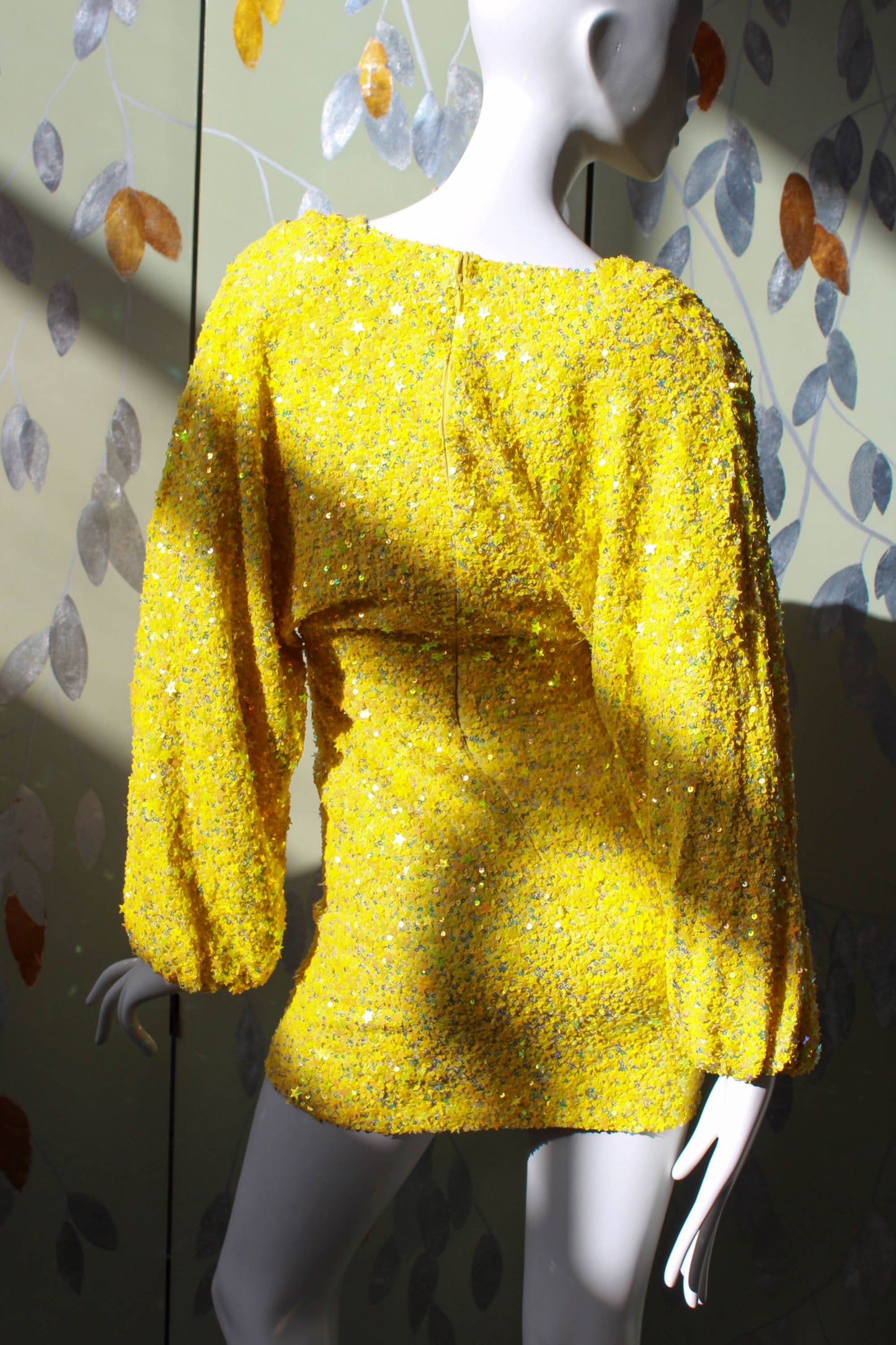 bright yellow star sequinned mini dress with plunging V neck by Retrofete 