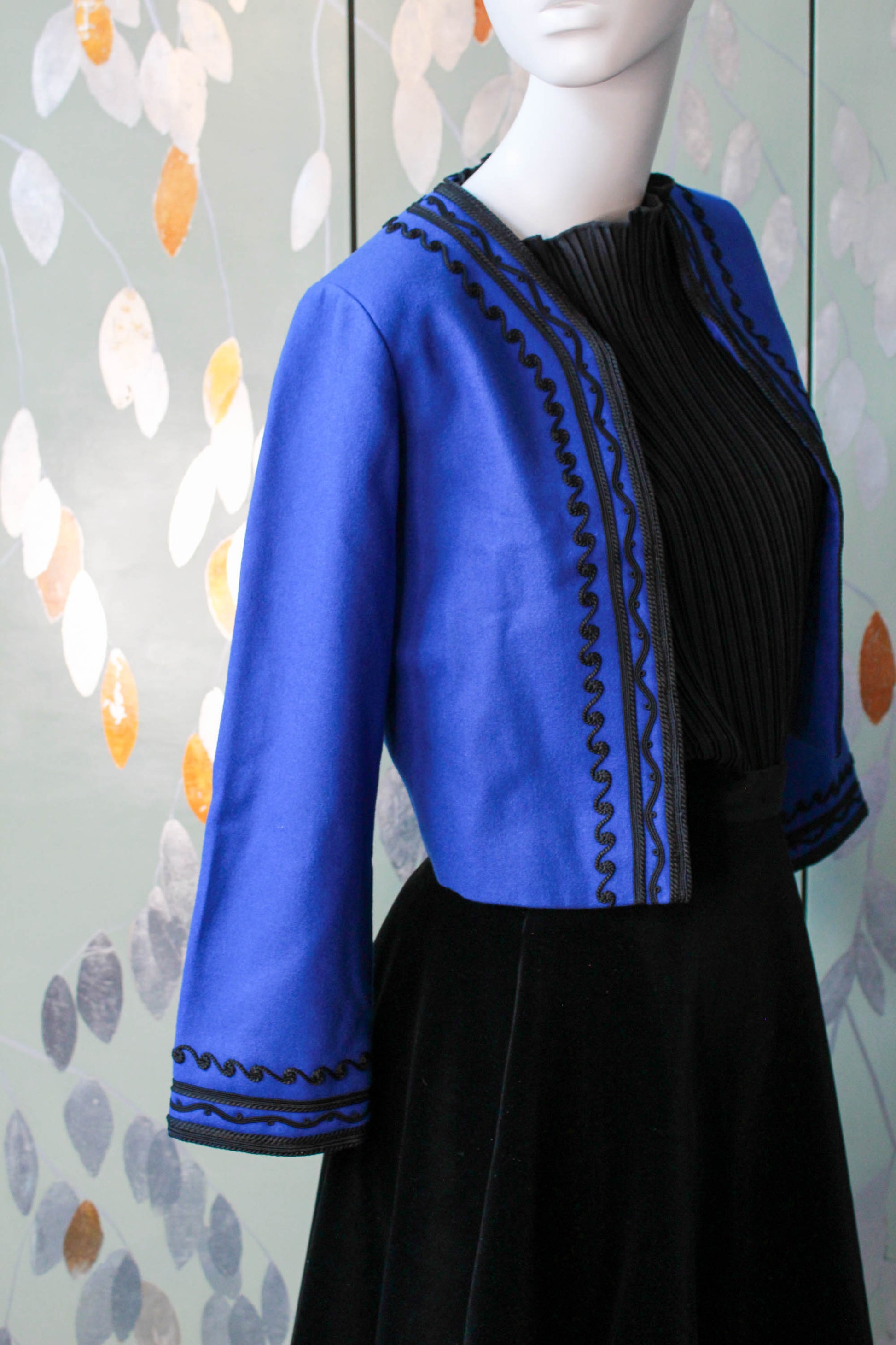 1980s Yves Saint Laurent Rive Gauche Blue Cropped Jacket with Black Soutache Embroidery