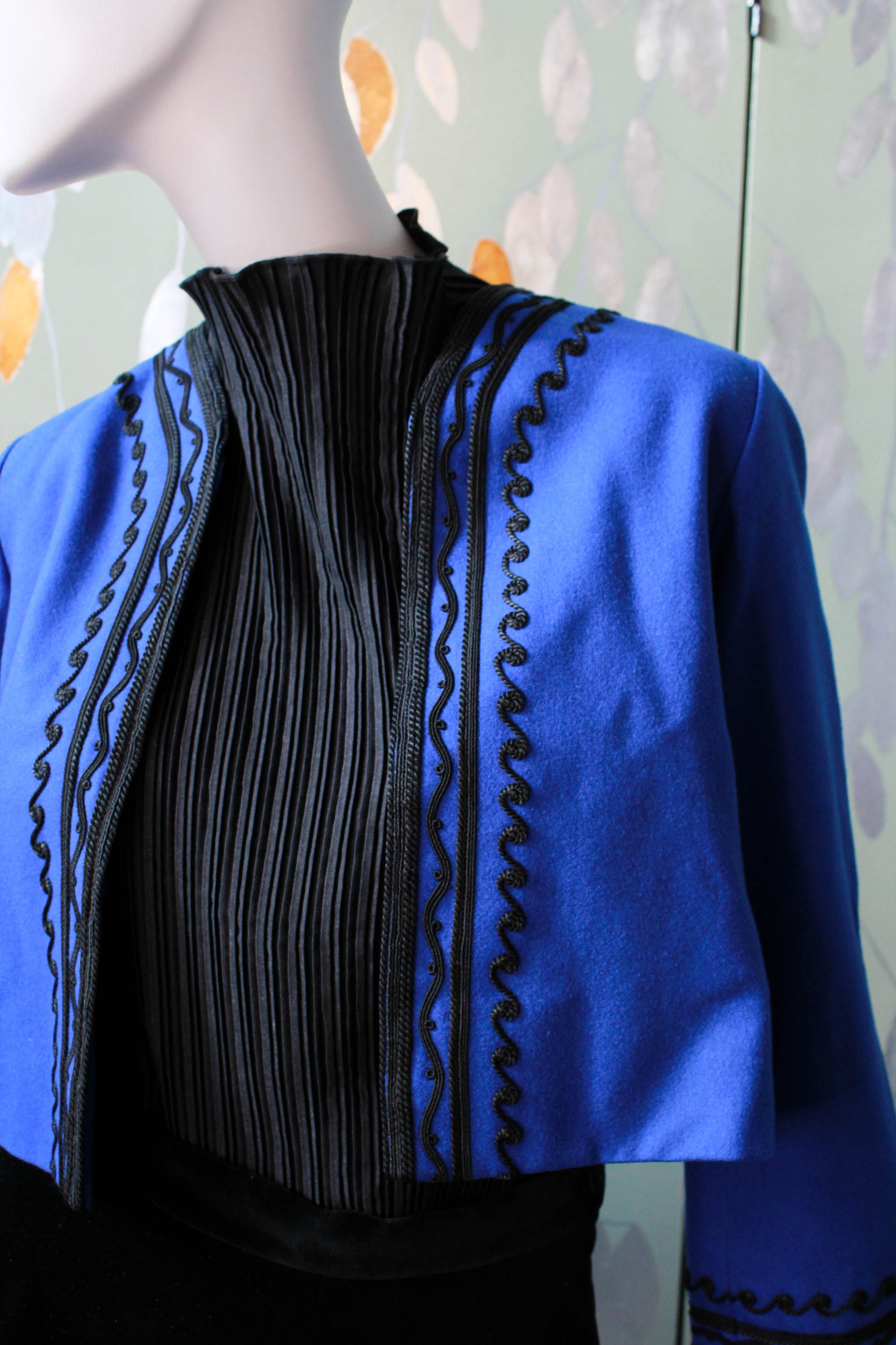 1980s Yves Saint Laurent Rive Gauche Blue Cropped Jacket with Black Soutache Embroidery