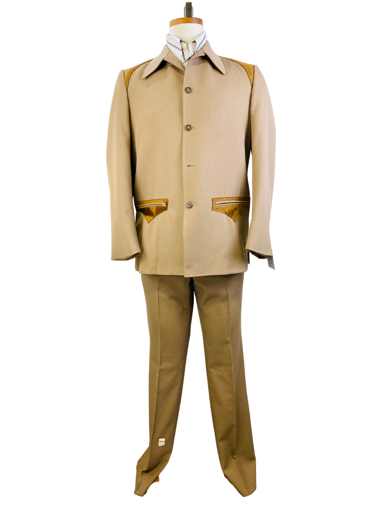 Early 1970s Vintage Deadstock Men's Suit, Brown Western Style 2-Piece Leisure Suit, Suede Trim, NOS, C42