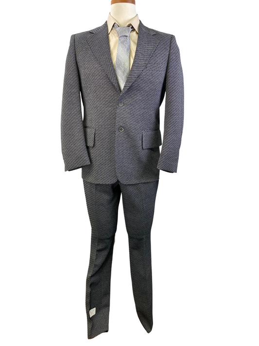 Early 1970s Vintage Deadstock Men's Suit, Black/ Grey Diagonal Pattern 2-Piece Suit, Prestige Clothes, NOS, C40