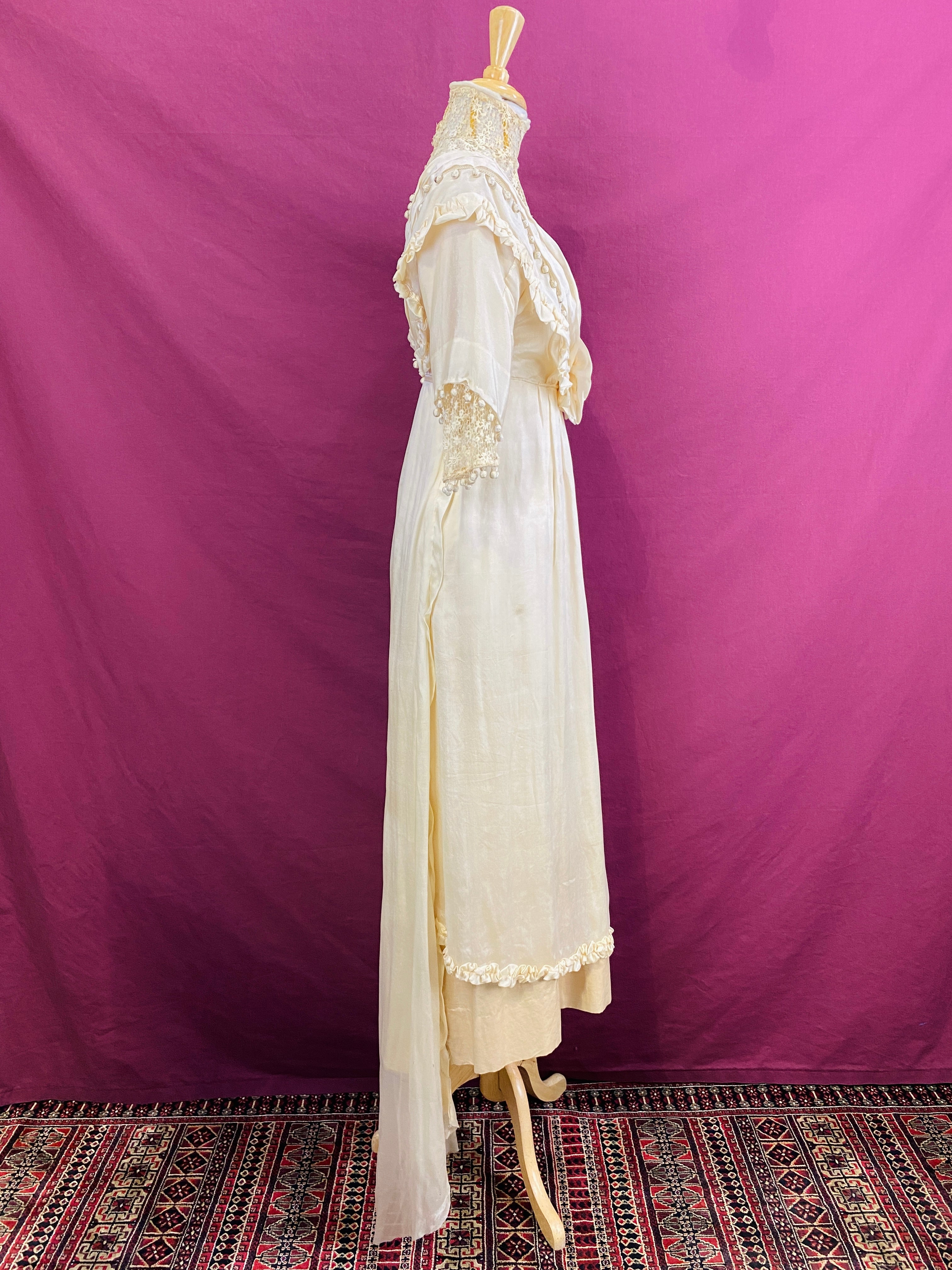 Antique Edwardian 1910s Cream Silk Chiffon & Crochet Dress, XXS