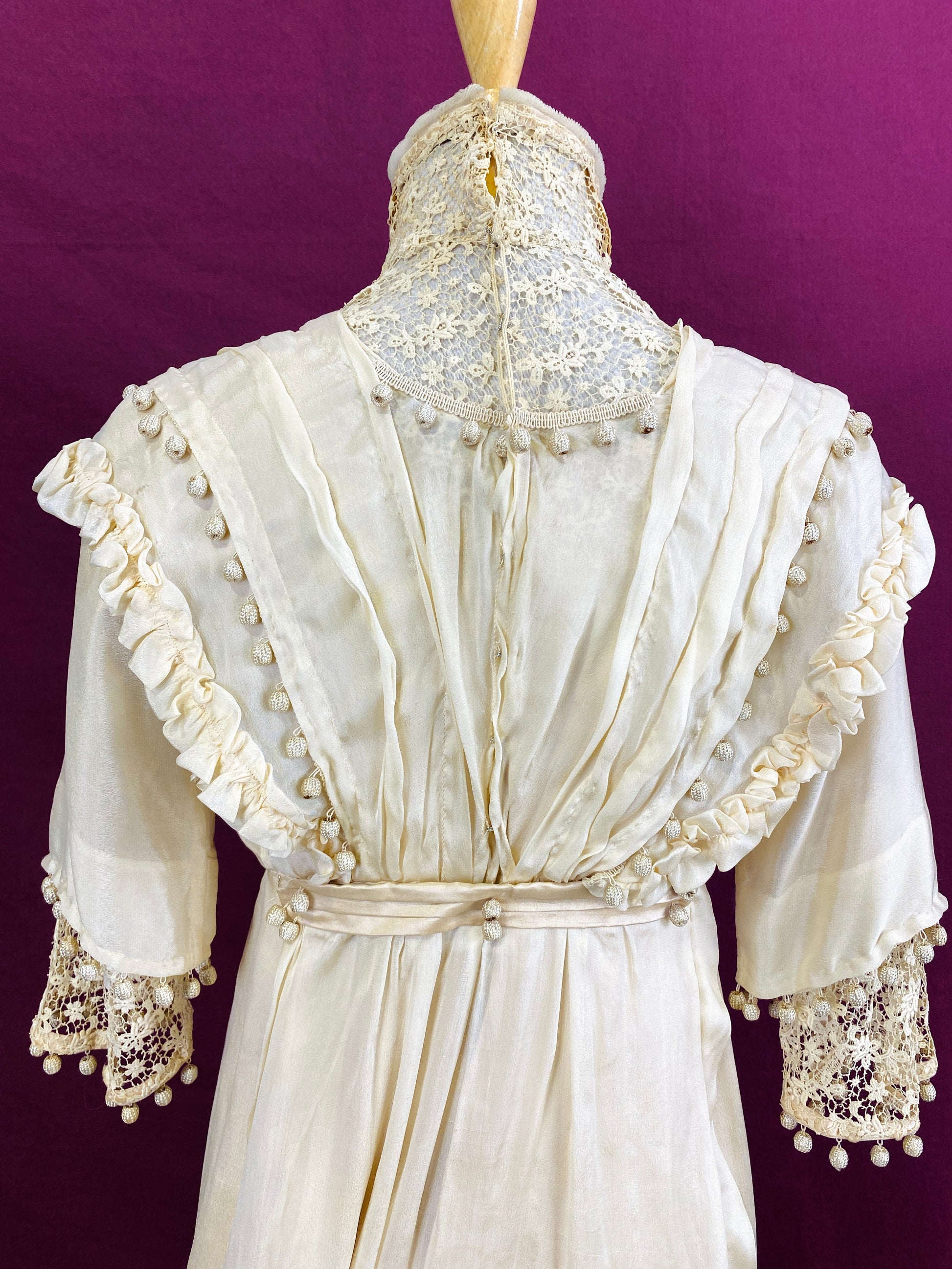 Antique Edwardian 1910s Cream Silk Chiffon & Crochet Dress, XXS