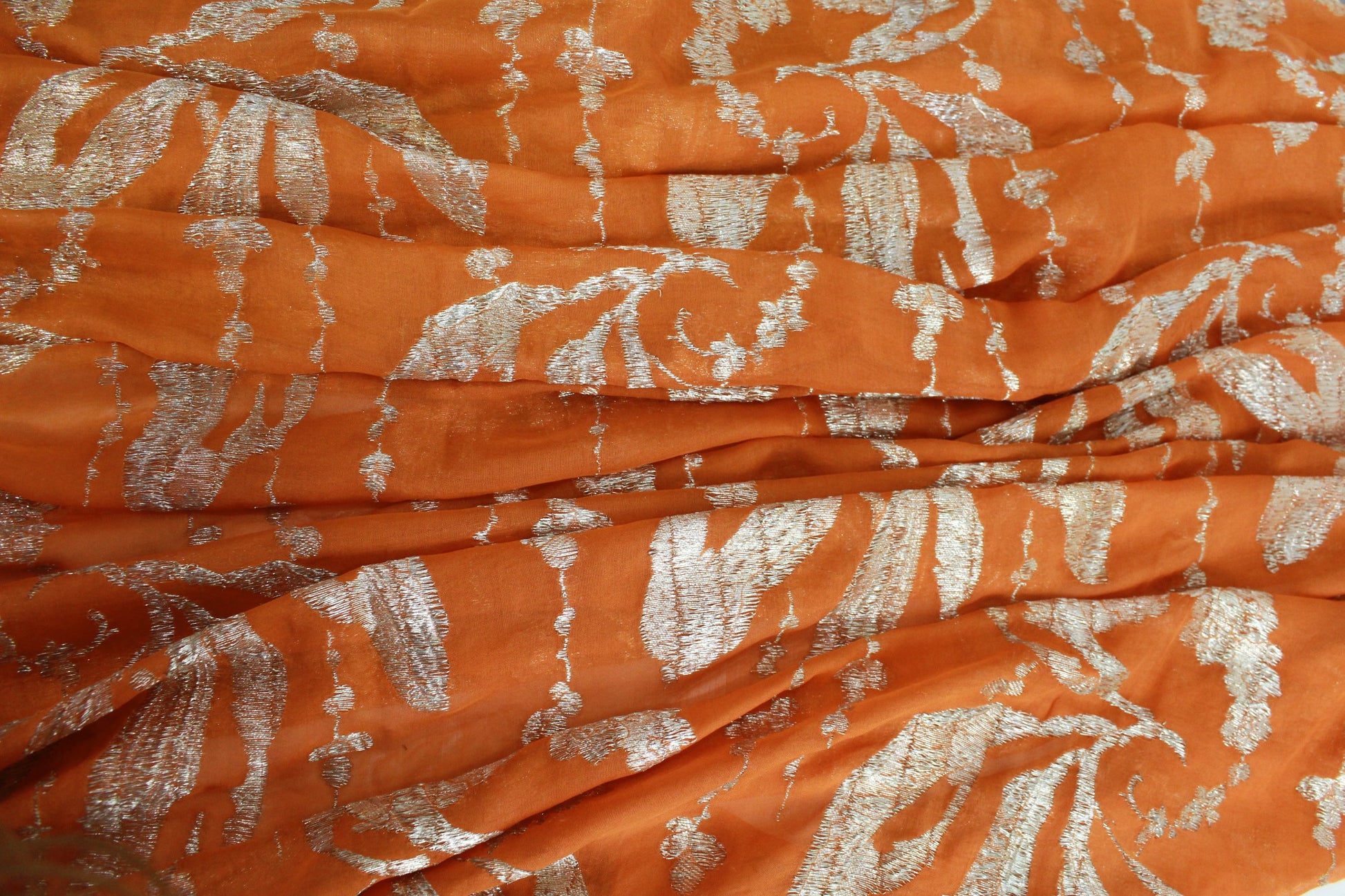 1920s silk lamé orange silver floral fabric art deco vintage sewing fabric