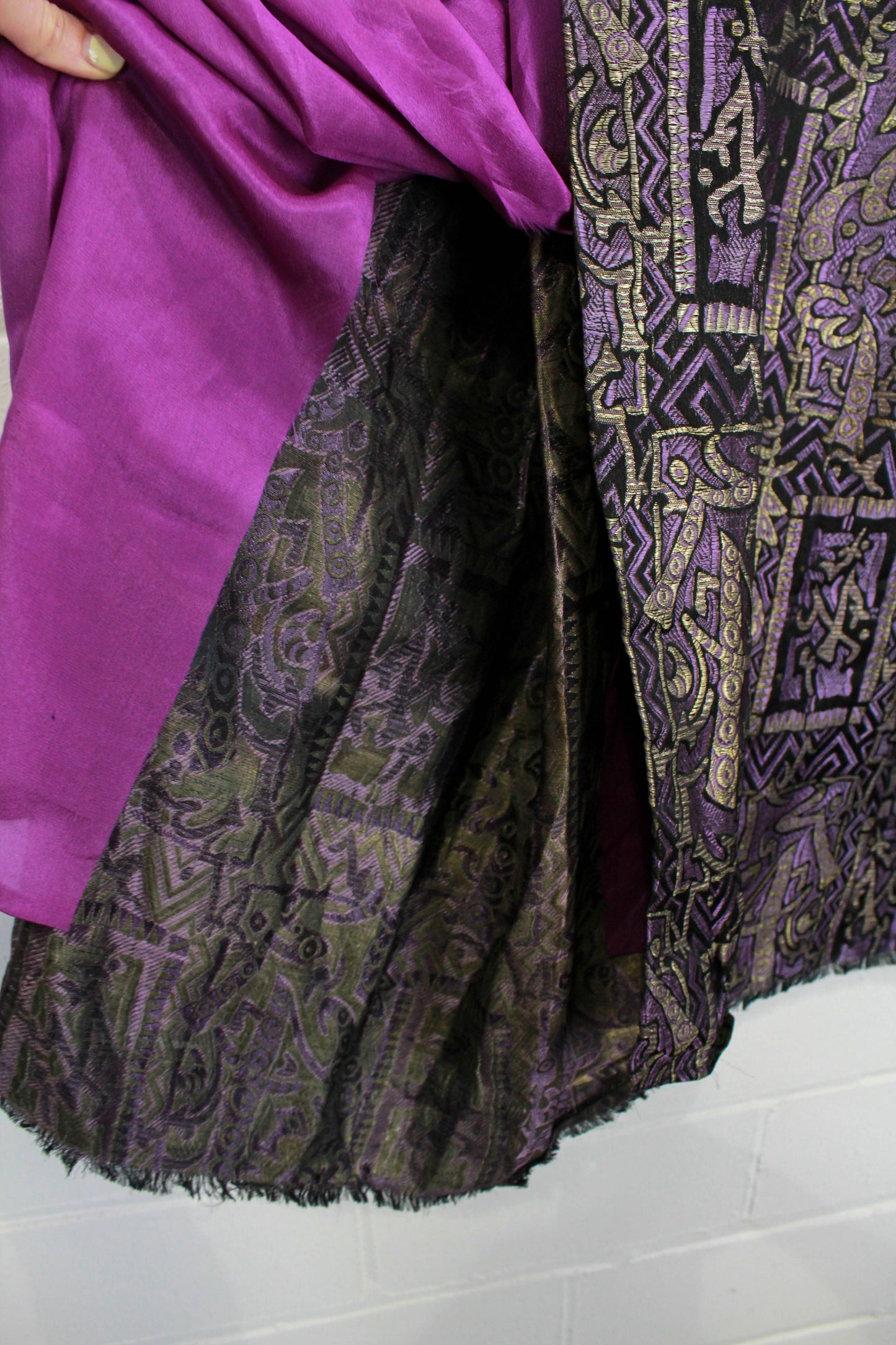 1920s Metallic Lamé Fabric, 1.7 Yards, Antique Skirt Piece, Silk, Art Deco Print in Purple and Gold,