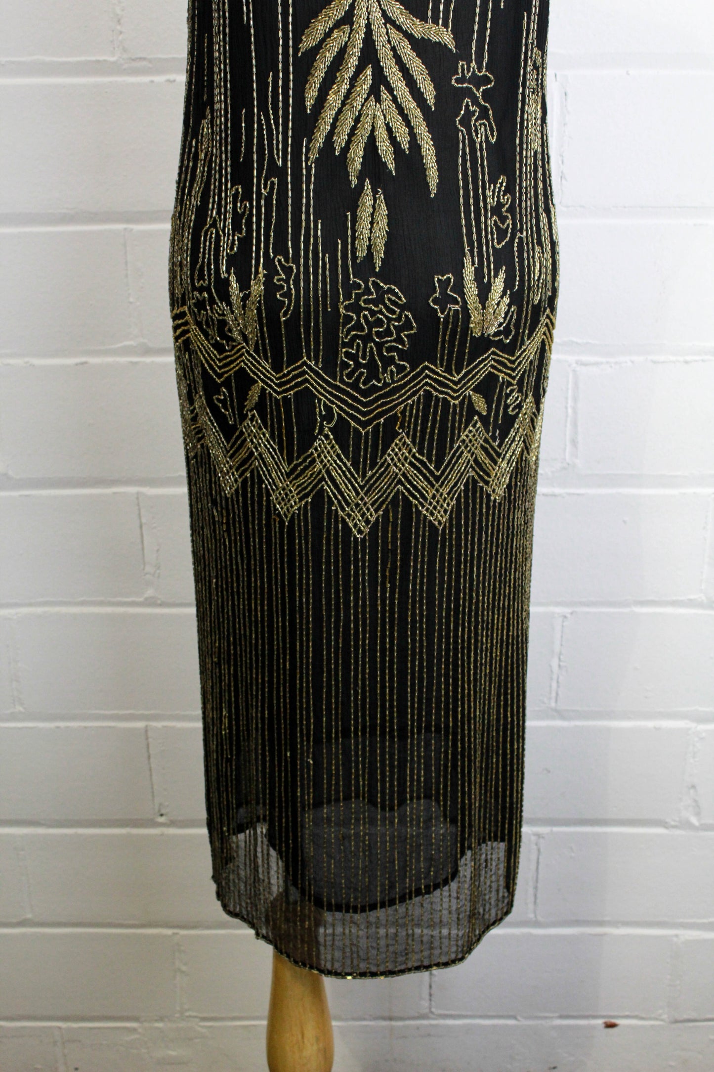 1920s silk beaded cocktail dress, black chiffon with gold beads, flapper dress art deco period