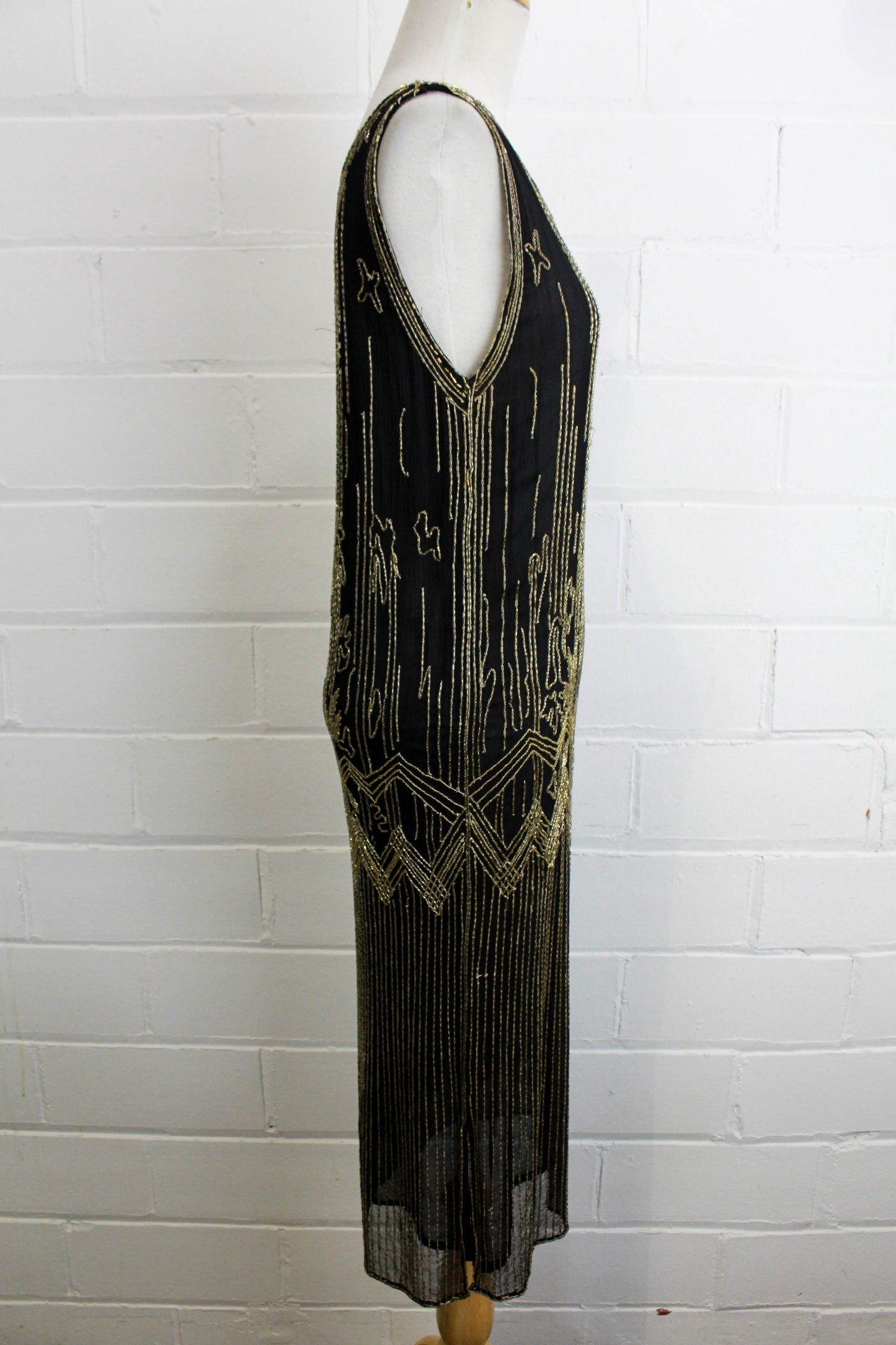 1920s silk beaded cocktail dress, black chiffon with gold beads, flapper dress art deco period