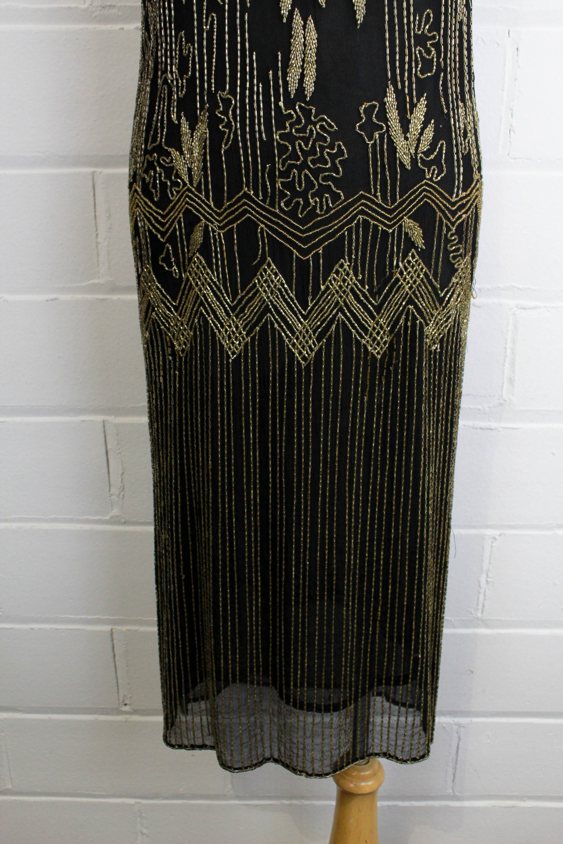 Vintage 1920s Black Beaded Dress with issues, Sheer Crepe Chiffon