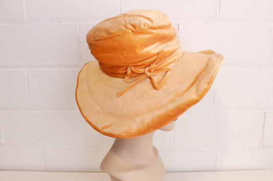 1920s peach silk velvet cloche wide brim hat art deco flapper hat
