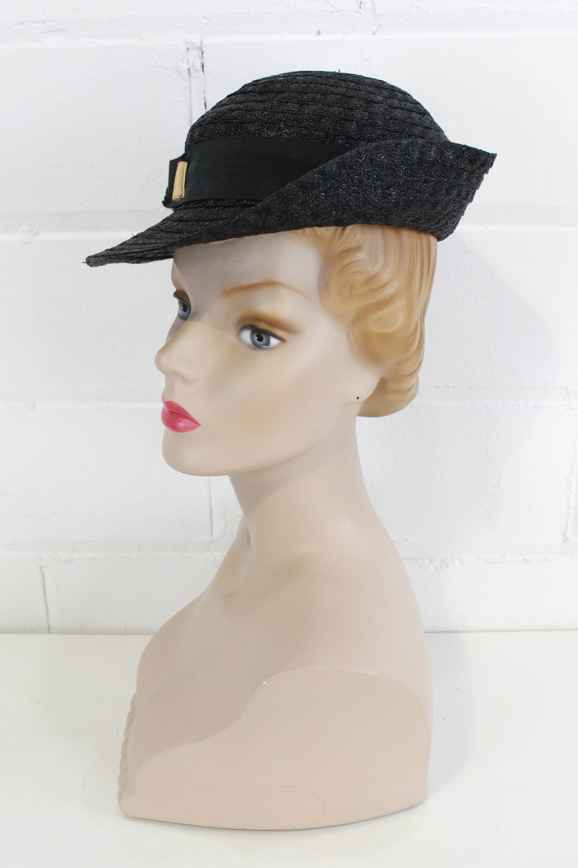 1930s woolworth black straw hat art deco womens hat