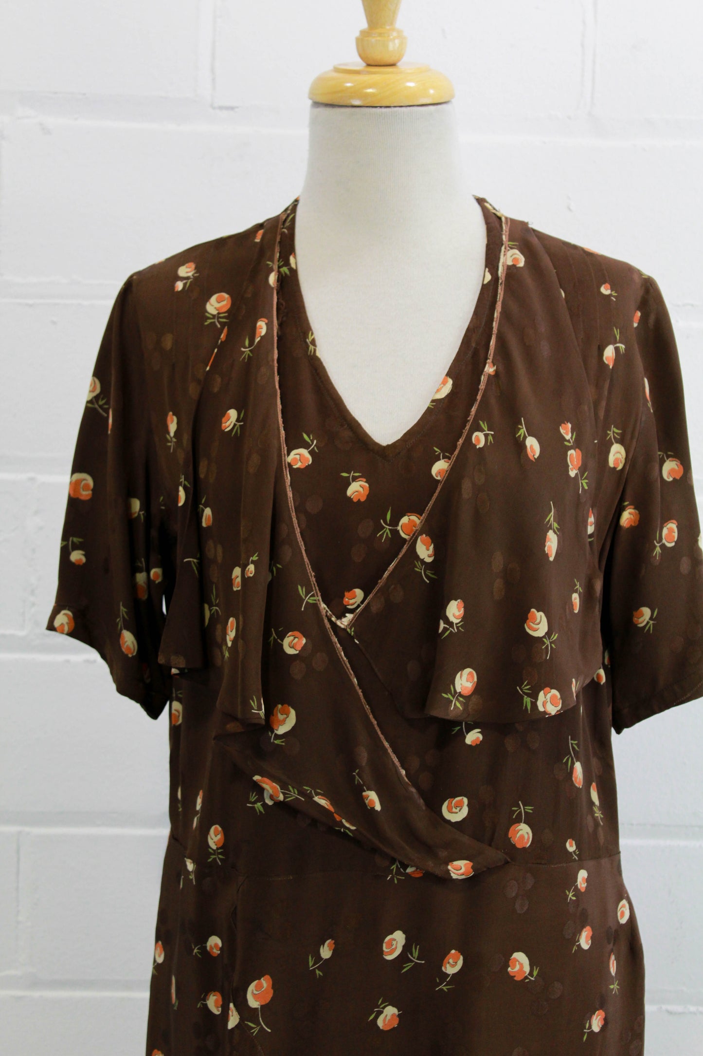 1920s/30s Brown Silk Floral Dress, Medium