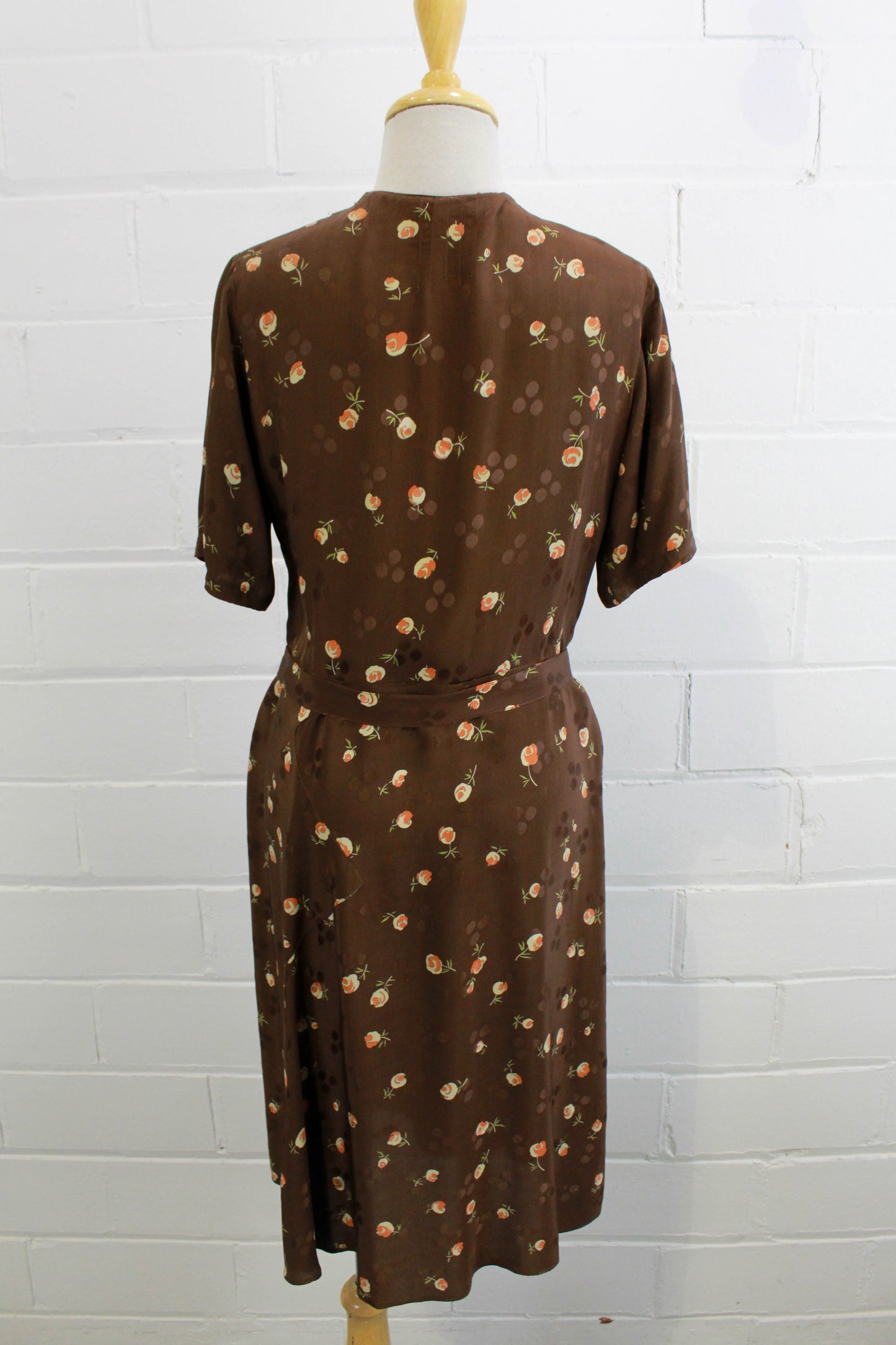 1920s/30s Brown Silk Floral Dress, Medium
