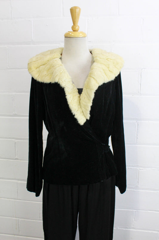 1930s black velvet jacket with white fur collar 
