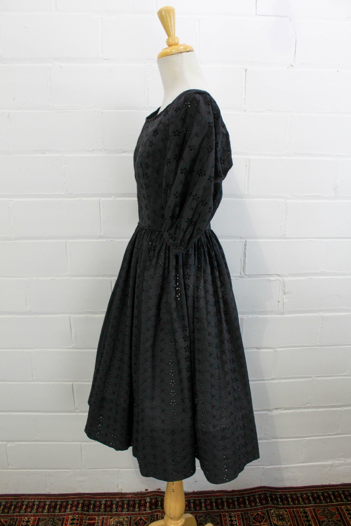 1950s Black Eyelet Floral Dress, Small